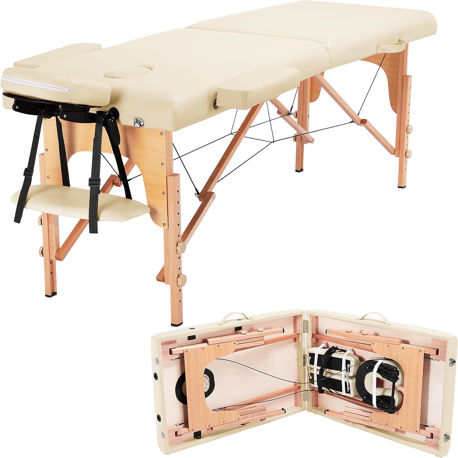 Yaheetech Massage Table Portable Lash Beds Spa Bed Massage Couch Foldable Spa Tables Adjustable 2 Fold with Non-Woven Bag 24 inch, Cream