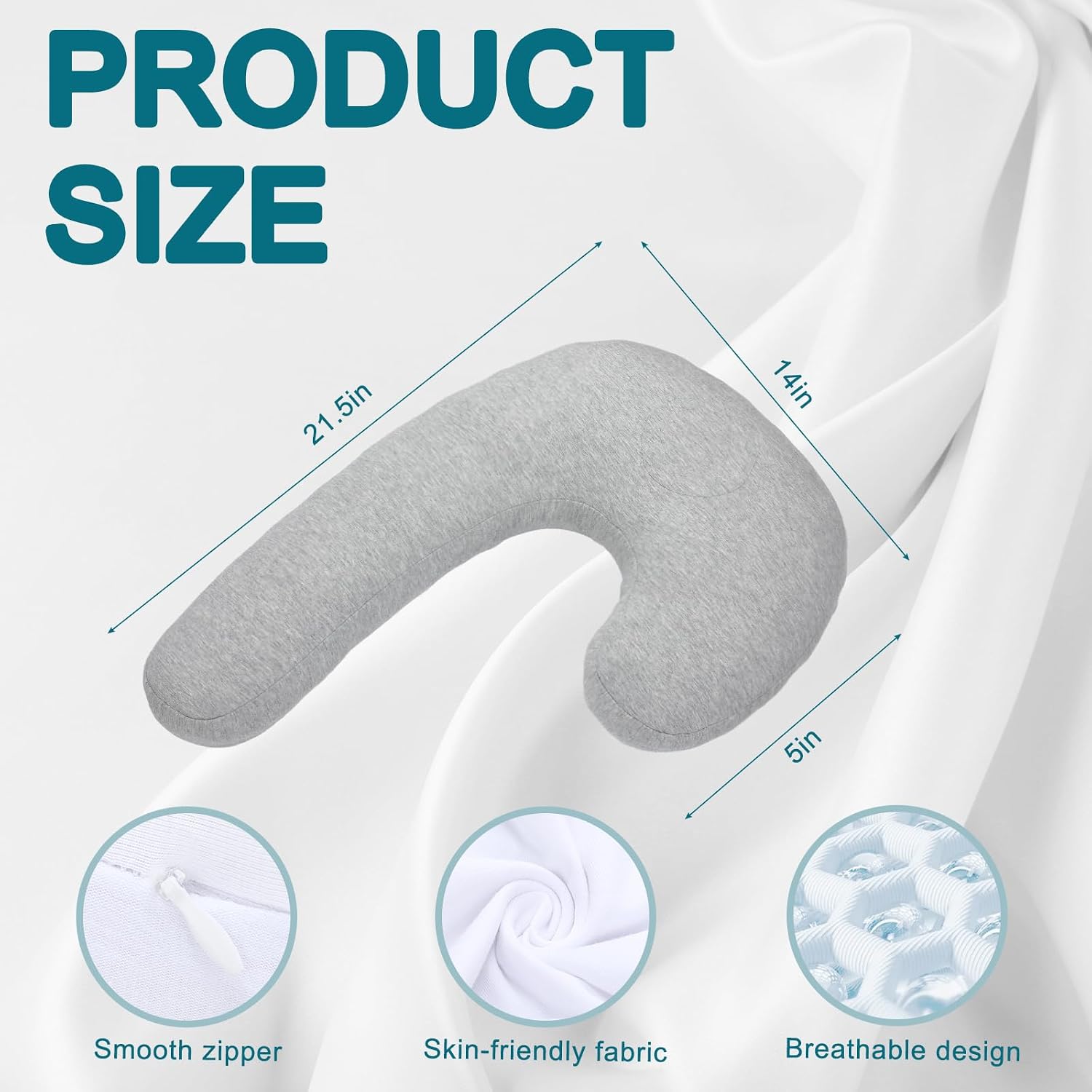 Breling 2 Pcs Side Sleeper Pillowcase Curved Pillowcase Extends Product Life of Pillow for Protective Pillows with Zipper Against Stains Enclosure Removable Washable Cover, White Gray, No Pillow Core