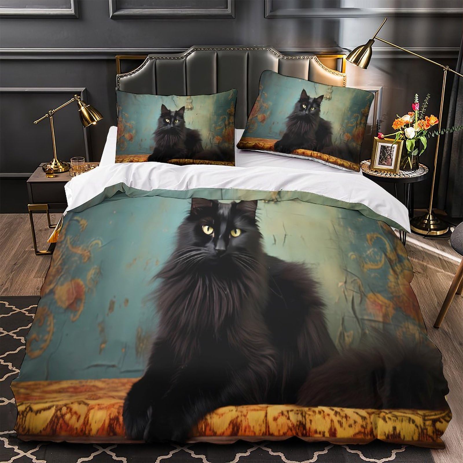 Housse de Couette Chat Noir 3D Vintage en Microfibre Anti-Tache Enfant