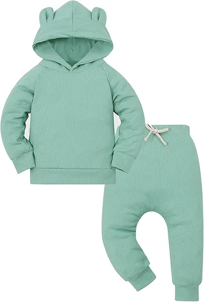 VZF Toddler Baby Boy Hoodie Sweatshirt and Pants Set Solid Ribbed Knitted Cotton Unisex Baby Sweatsuit Clothes
