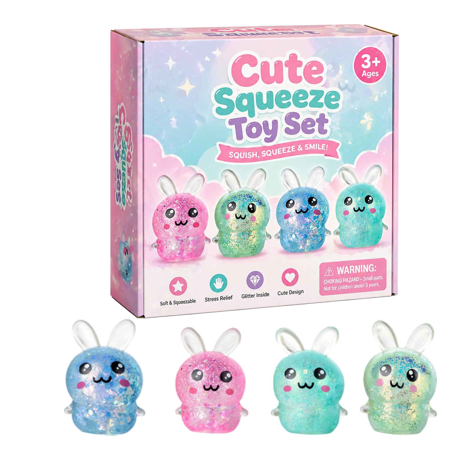 Stress Balls, Squishy Stress Balls Sensory Squeeze Ball for Kids Adults Squishy Fidget Toy Stress Relief Squishy Hand Exercise Balls Sensory Toys for Anxiety Alleviation (Rabbit 4pcs)