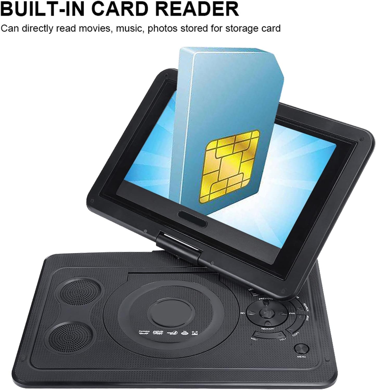 BROLEO Portable DVD Player with a memory card inserted