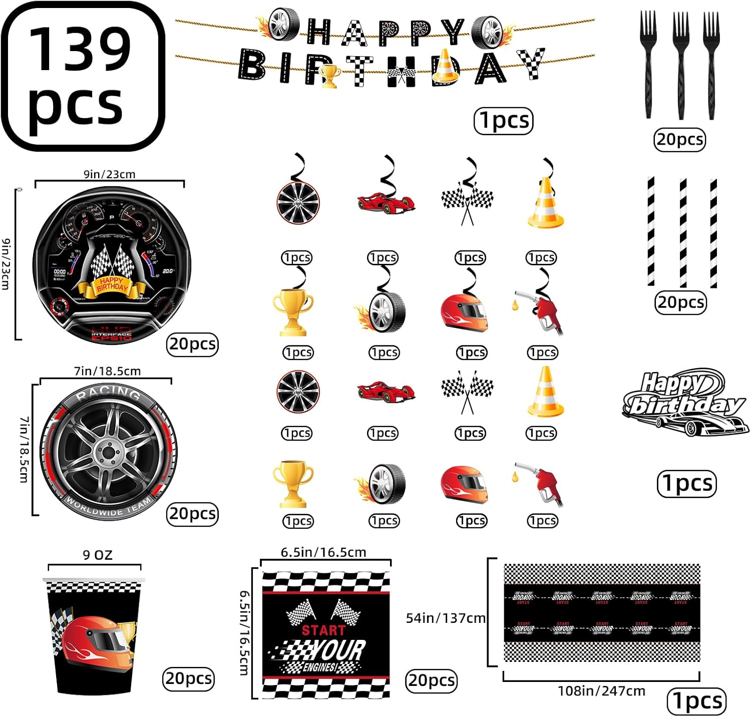 139pcs Race Car Birthday Party Decorations Tableware Set Serve 20, All-in-1 Cars Birthday Decorations Includes Banner, Plates, Tablecloths, Cake Decorations, for Race Car Themed Party - Image 2
