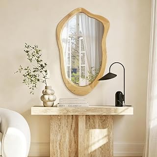 40"x24" Irregular Wall Mirror, Natural Wood Bathroom Mirror | HD Shatterproof Glass, Wall Mounted Asymmetrical Mirror for Home Decor, Bedroom, Living Room, Entr