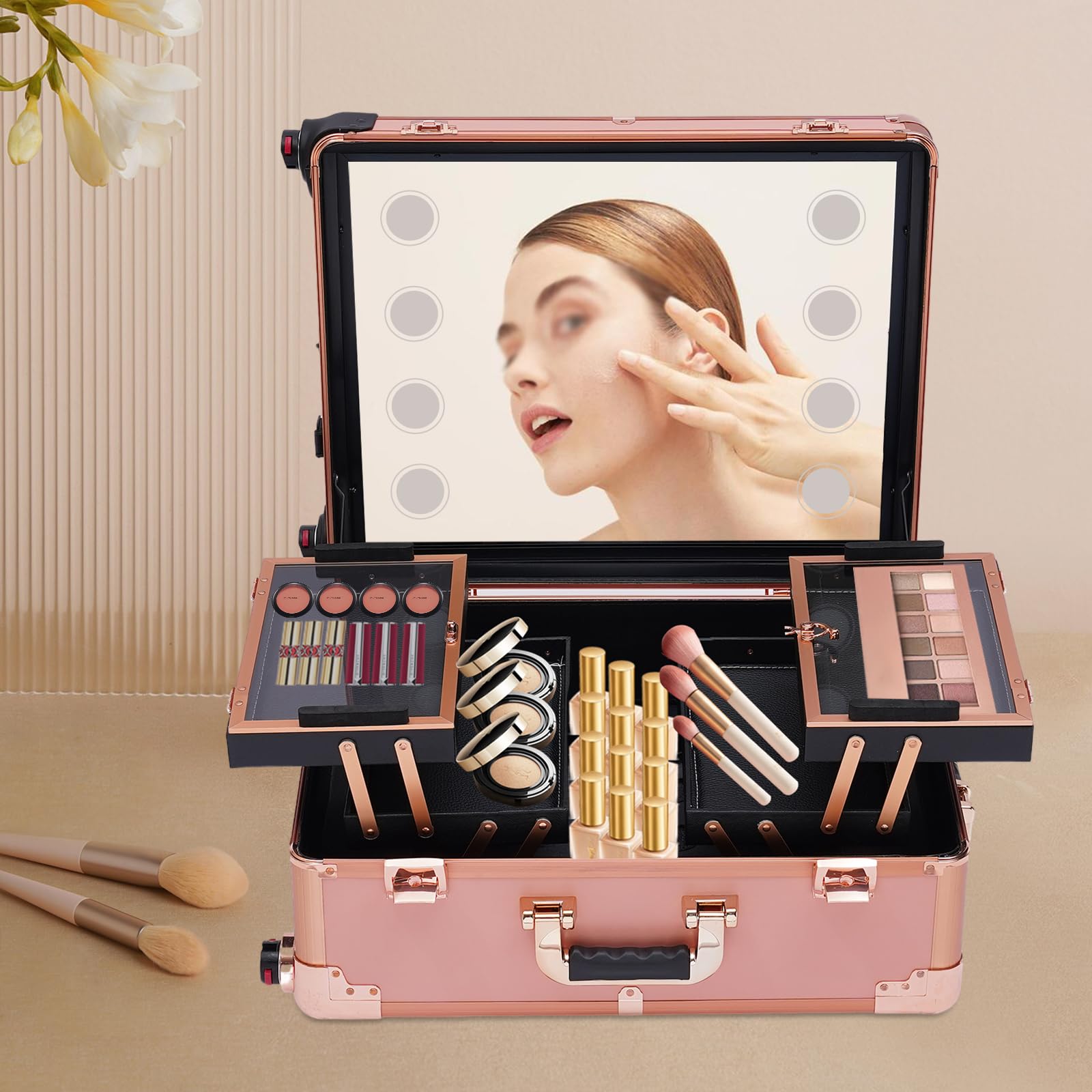 Profi Kosmetikkoffer Trolley Schminkkoffer Make-up Koffer Beauty Case Roségold 3-Etagen 4 Rollen 8 LED-Licht Farbe/Helligkeit 50kg Traglast 82cm Höhe Abschließbar Alu