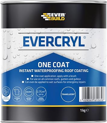Everbuild Evercryl One Coat Instant Waterproofing   Suitable for Roofs, Gutters and Gulleys   Translucent   1kg