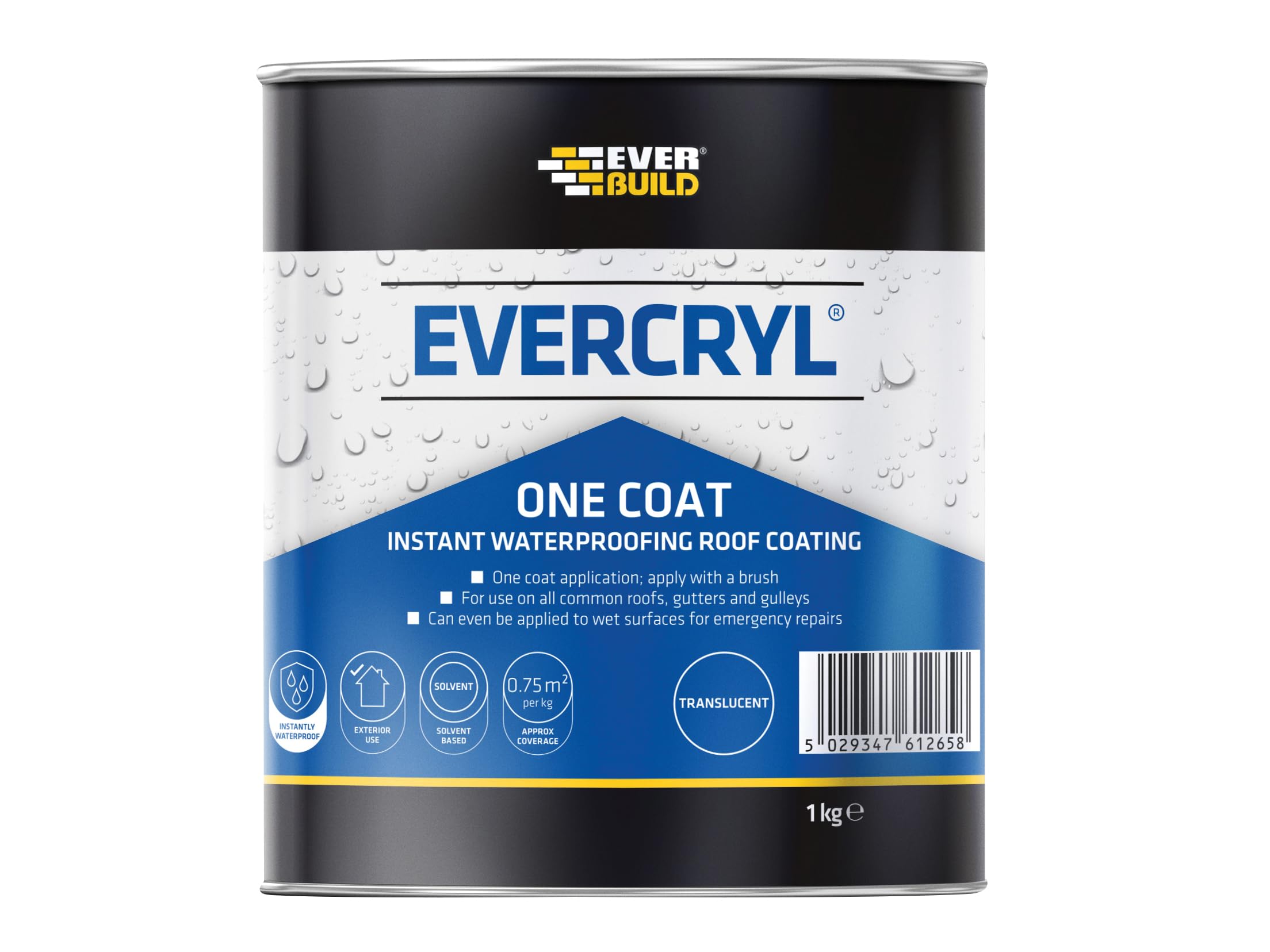 Everbuild Evercryl One Coat Instant Waterproofing – Suitable for Roofs, Gutters and Gulleys – Translucent – 1kg