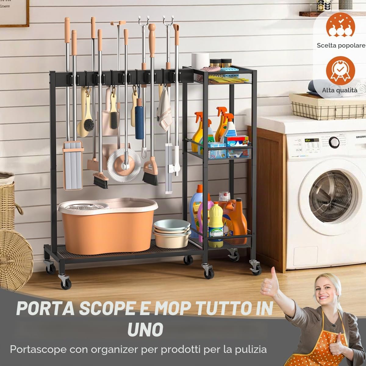 Porta Scope e Organizzatore per Prodotti di Pulizia – Soluzioni di Stoccaggio per Lavanderia e Ripostiglio con Supporto per Attrezzi, Porta Spazzole, Ganci, Griglie per Mop, Carrello per Pulizie