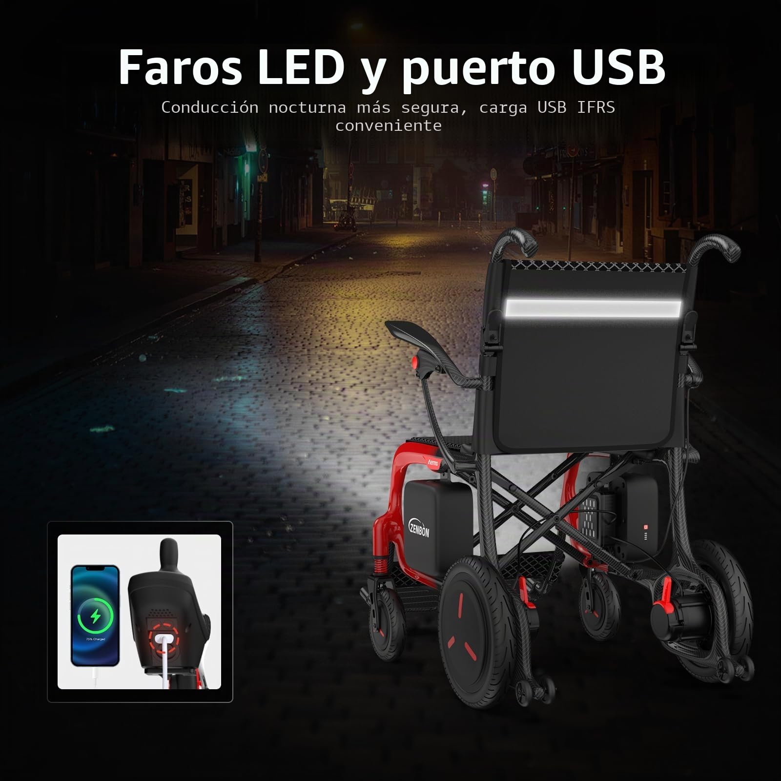 Carbono Silla de Ruedas Eléctrica Plegable Ligera con Doble Pila: 29 km Silla de Ruedas Eléctrica con Neumáticos a Prueba de Pinchazos, Hasta 150kg