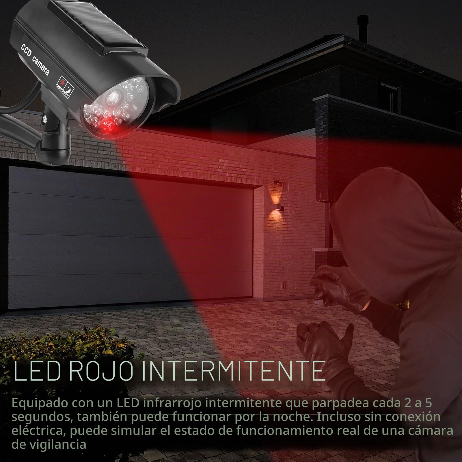 Sporgo 2 piezas de cámara falsa exterior: Cámara solar falsa de vigilancia con luz LED roja intermitente, cámara falsa de vigilancia falsa para interior y exterior (Negro A)