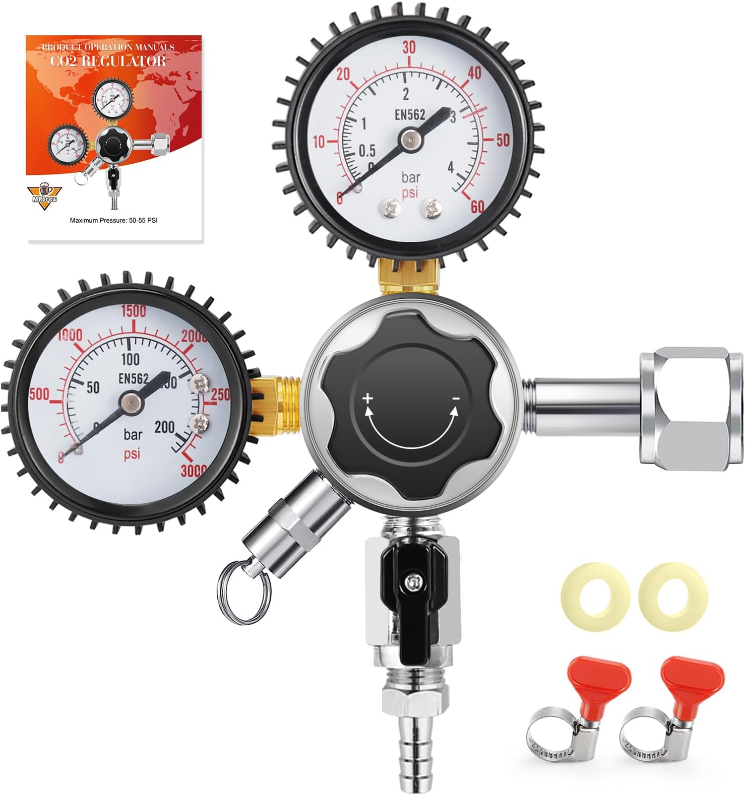 MRbrew Keg Regulator, Kegerator Regulator, Beer Regulator, Co2 Tank Regulator, Beer Keg Regulator, Co2 Regulator Gauge with CGA-320 Inlet, 0-60 PSI Working Pressure, 0-3000 PSI Tank Pressure By MRbrew