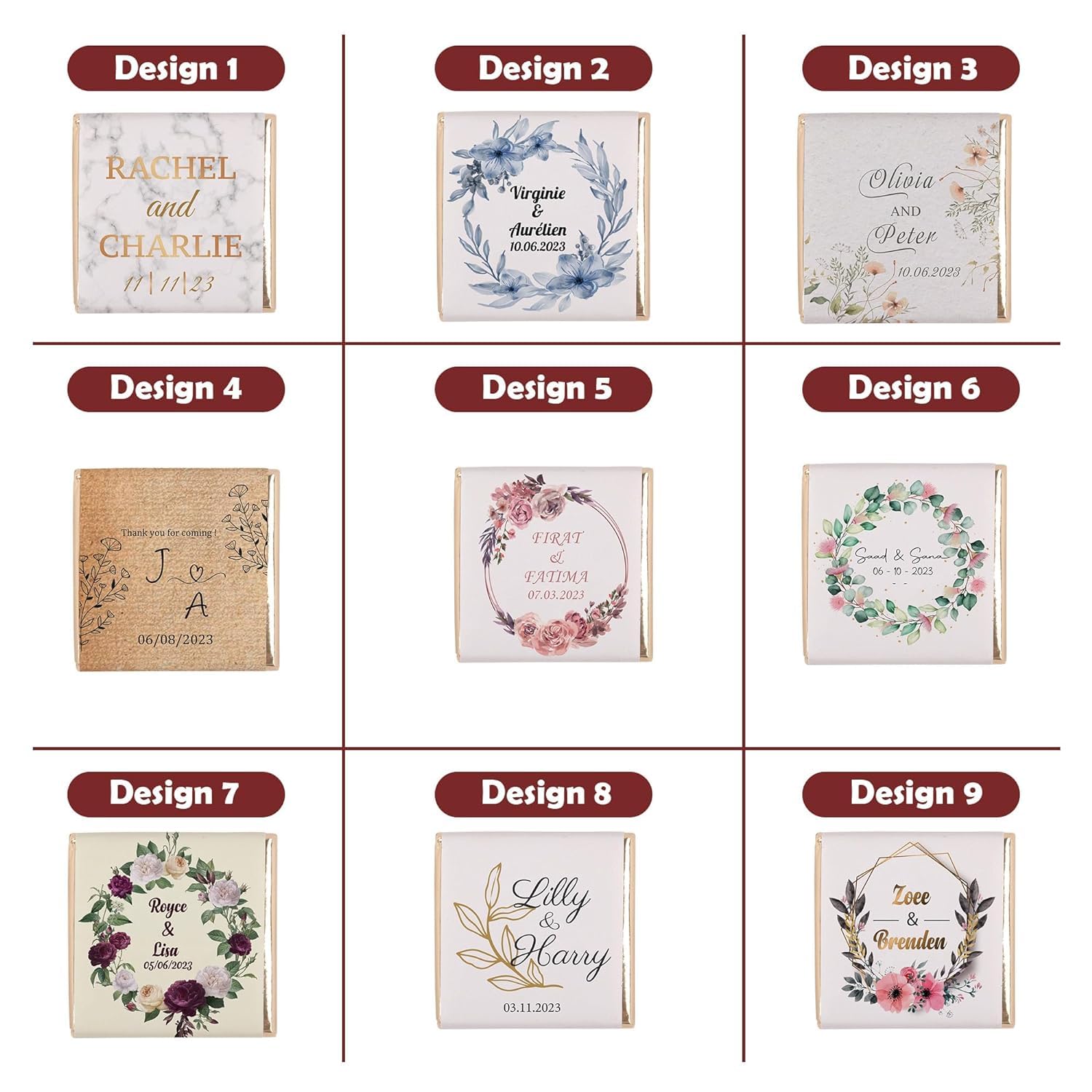 Set mit 50 personalisierten Hochzeitsschokoladen, individuelle Schokoladen-Hochzeitsgeschenke für Gäste, personalisierbares Hochzeitsgeschenk, einzigartiges Design für Hochzeit, Brautjungferngeschenke