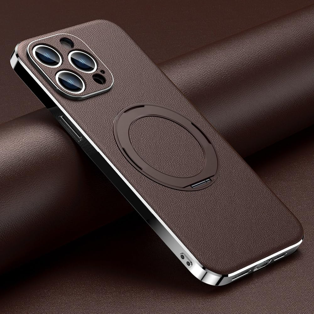 Couverture de support magnétique en cuir iPhone 15 Pro marron