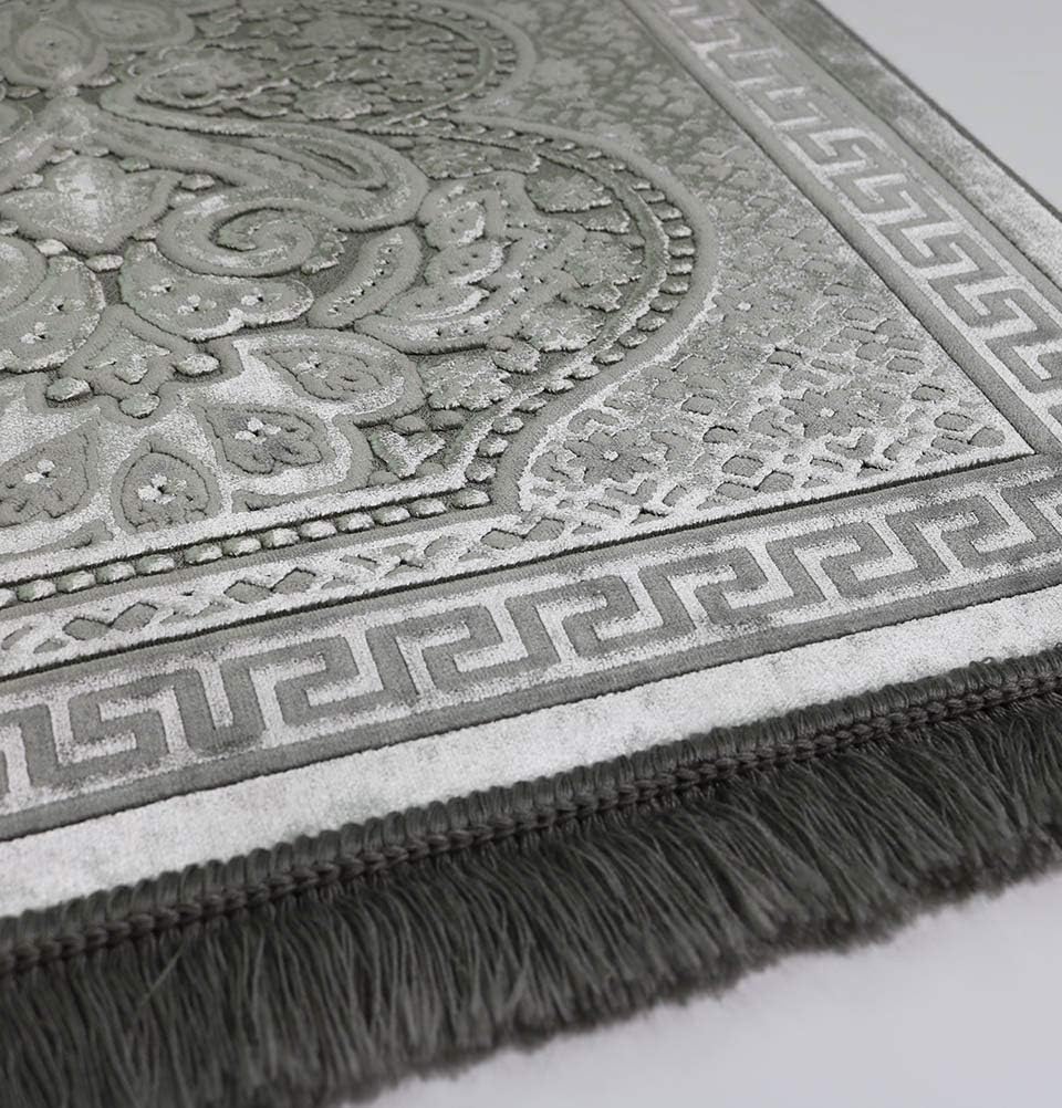 Modefa Luxury Velvet Prayer Rug with Prayer Beads | Soft Elegant Muslim Turkish Janamaz Sajada Carpet for Men and Women | Plain Solid Prayer Mat Ramadan Eid Gift - Paisley (Silver Grey)