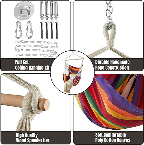 Miniatura 3 de Columpio colgante para silla hamaca, lona de tejido de algodón con kits de herramientas, máximo 330 libras, silla colgante XL para patio interior y