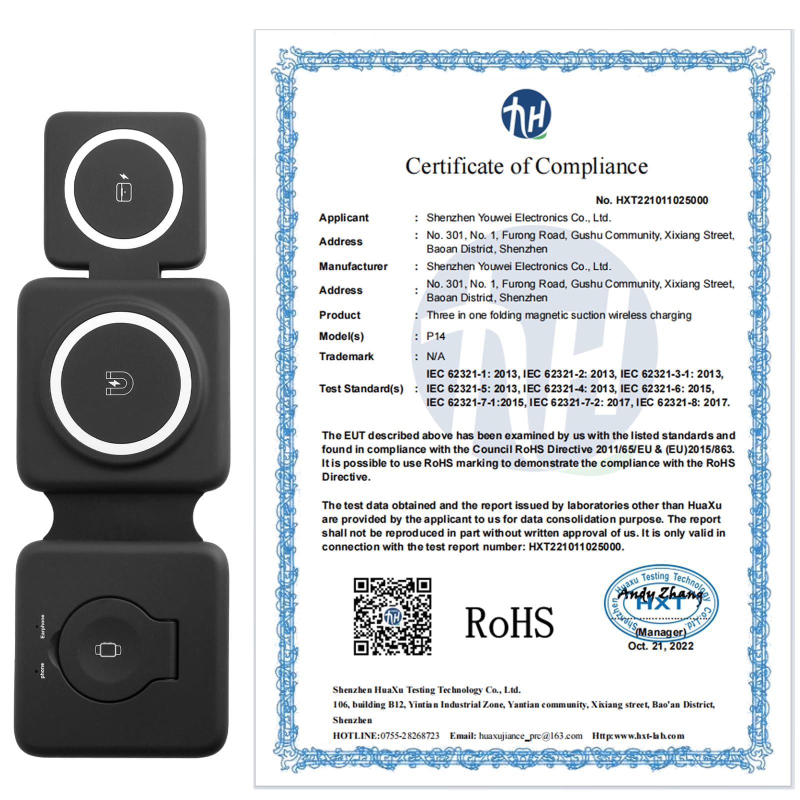 15W Caricabatterie Magnetico Pieghevole Rapido Senza Fili, Compatibile QI, pieghevole portatile pad di ricarica wireless per i.Phone 15/14/13/12/11/XR/XS/8 Serie,Samsung S22/21/20, iWatch, AirPods