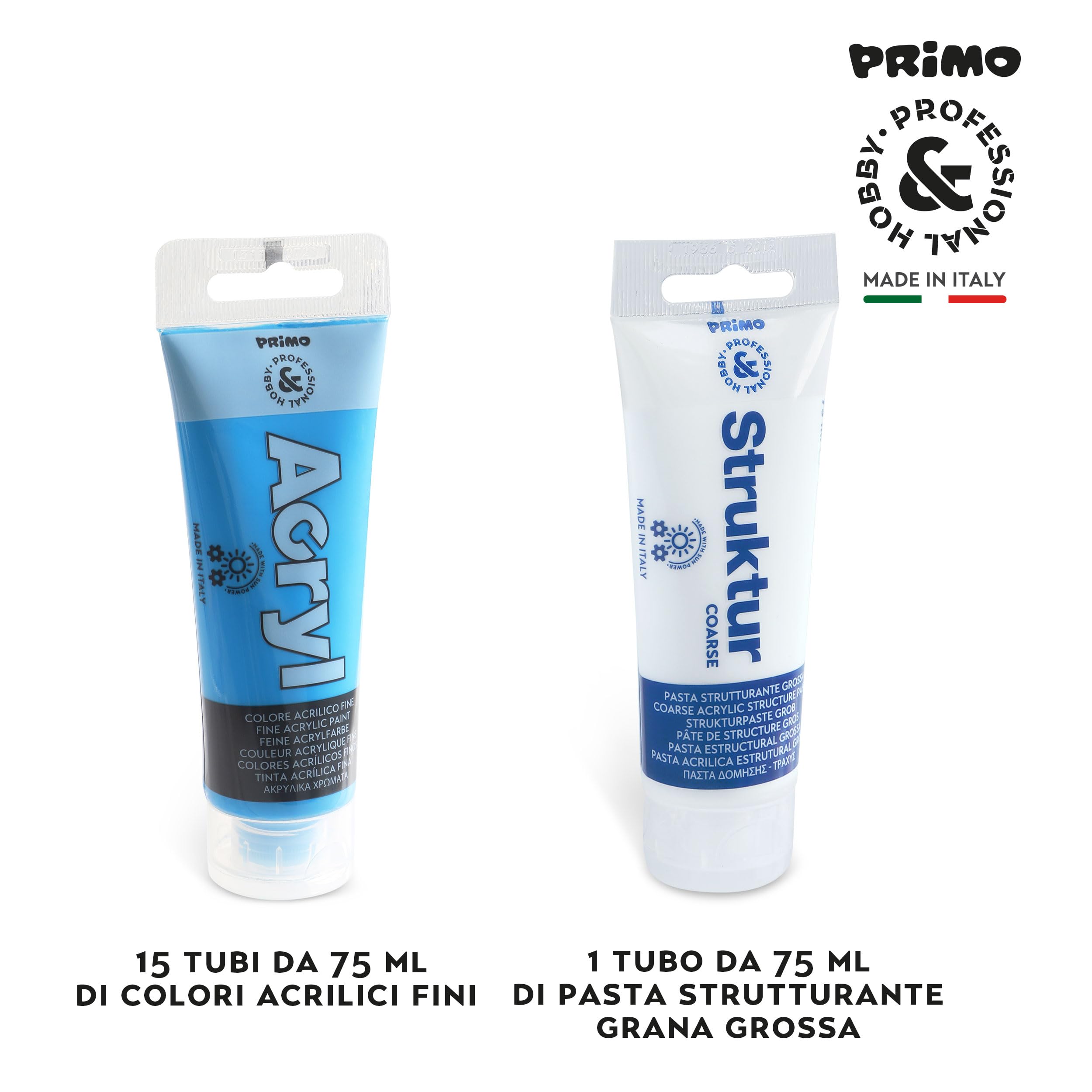 PRIMO Hobby & Professional - Box 15 Colori Acrilici per Dipingere 75ml Artisti +14Anni 5 Pennelli + 1 Pasta Strutturante + 2 Cartoncini Tele Colori per Tessuti Permanenti Lavoretti Creativi Cartoleria