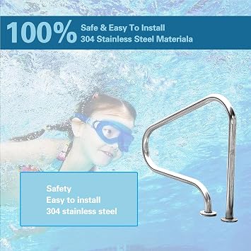 Swimming Pool Handrail with Quick Mount Brace Plate, Anti Slip Perfect Handle Grab, Flange