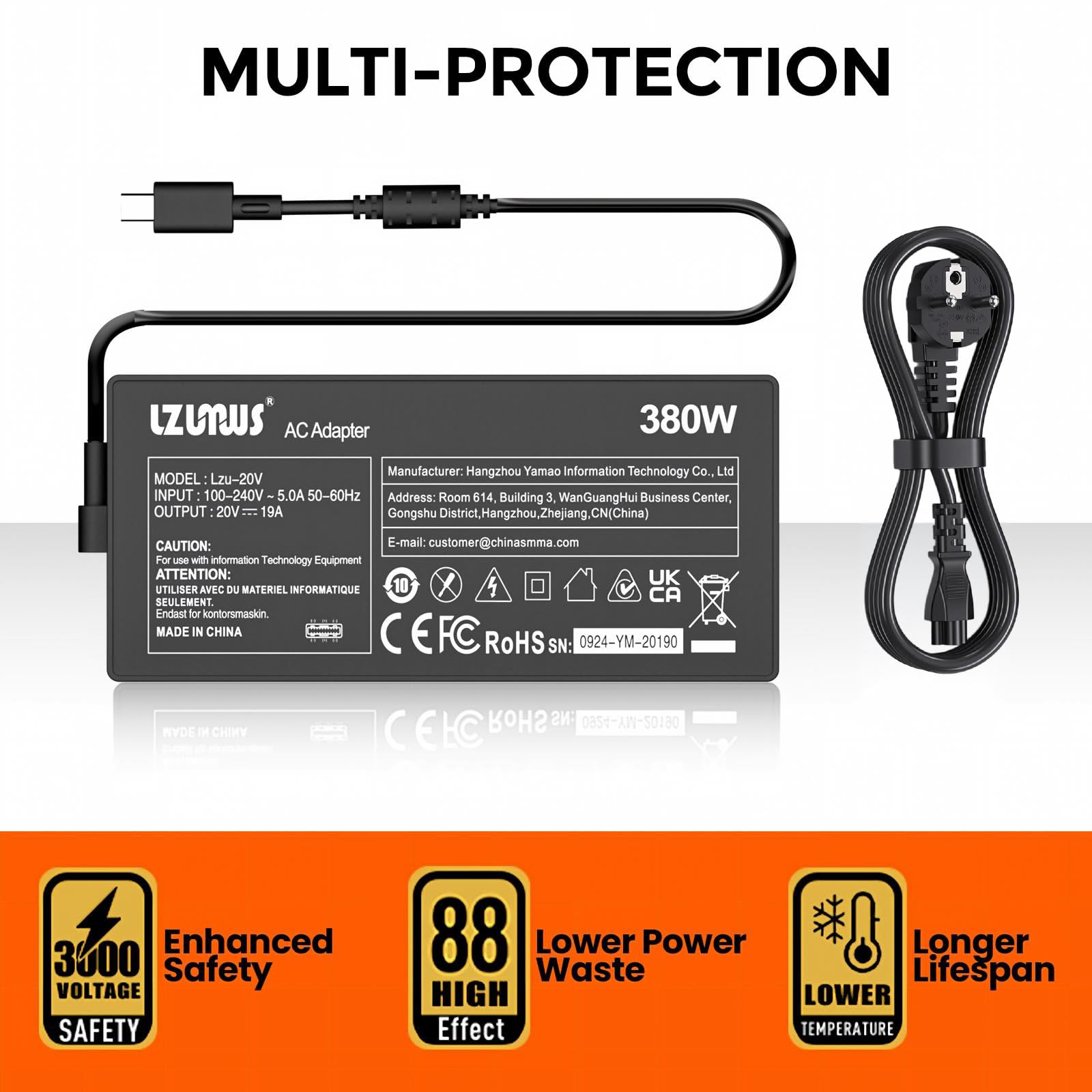 380W Alimentation Ordinateur Portable 20V 19A Connecteur Rectangulaire Compatible avec ASUS ROG Strix Scar 16 G635, Scar 18 G835, LZUMWS, Remplace ADP-380AB B / A24-380P1A, 100-240V AC