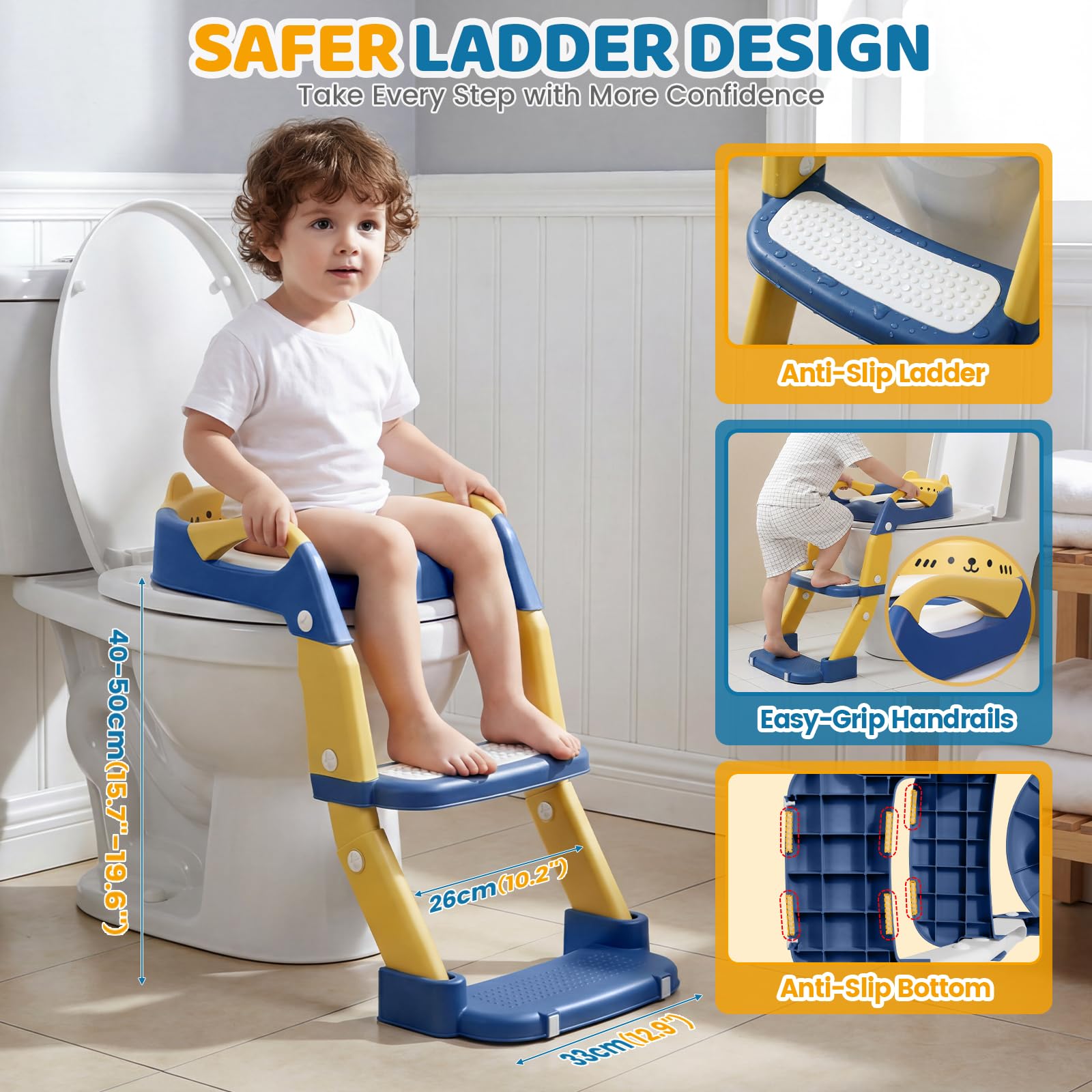 Orzbow Adaptador Wc Niños con Escalera, 2 en 1 Reductor Wc Niños, Orinal Portatil, Altura ajustable, Pedal Extensible y Cojín de PVC, Antideslizante y Ligero, Azul Amarillento