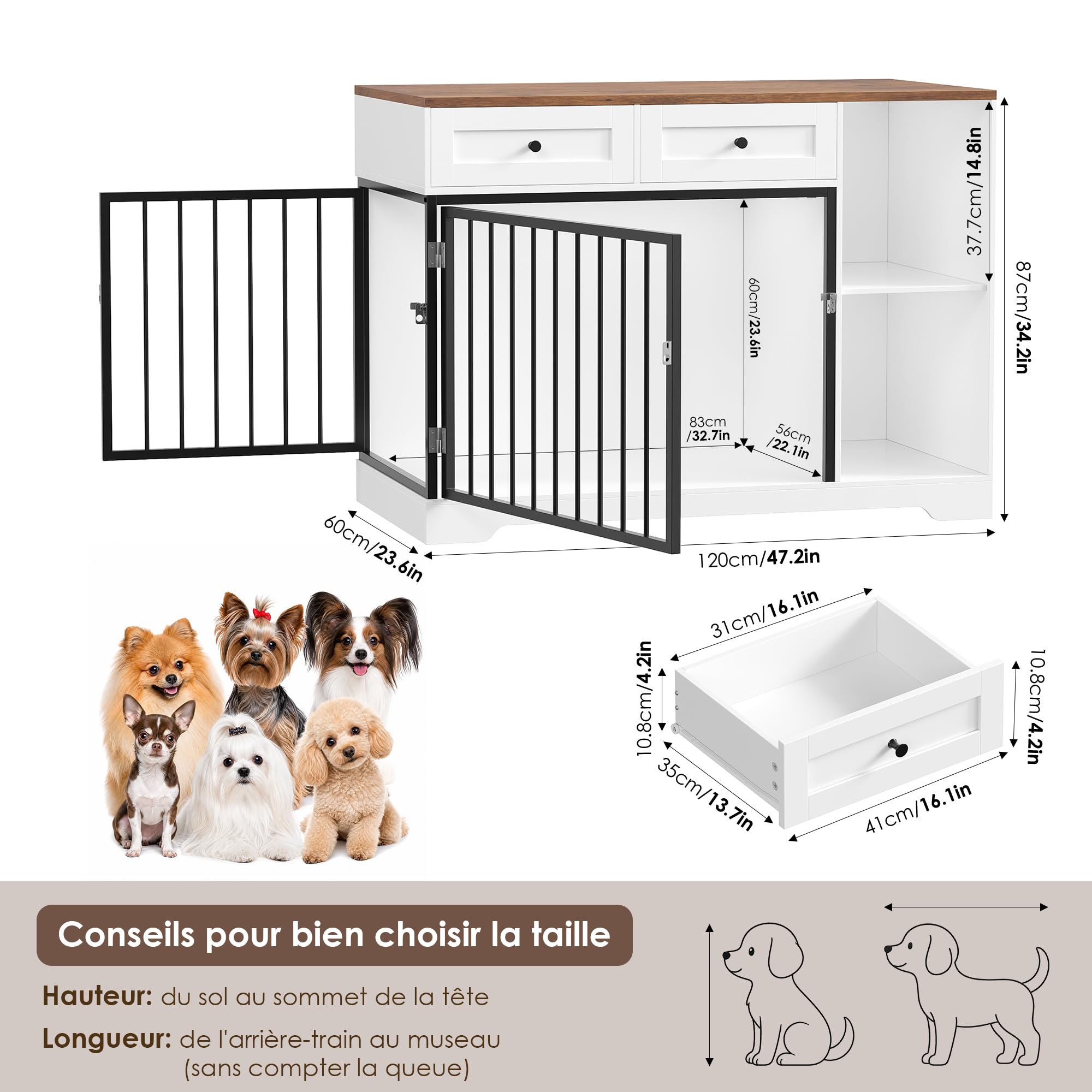 FirFurd 120 cm Cage pour Chien, Cage Chien Interieur avec 2 Porte 2 Tiroirs 2 Étagères, Niche pour Chiens Meuble Cage Chiens en Bois 120x60x87cm Blanc+Marron