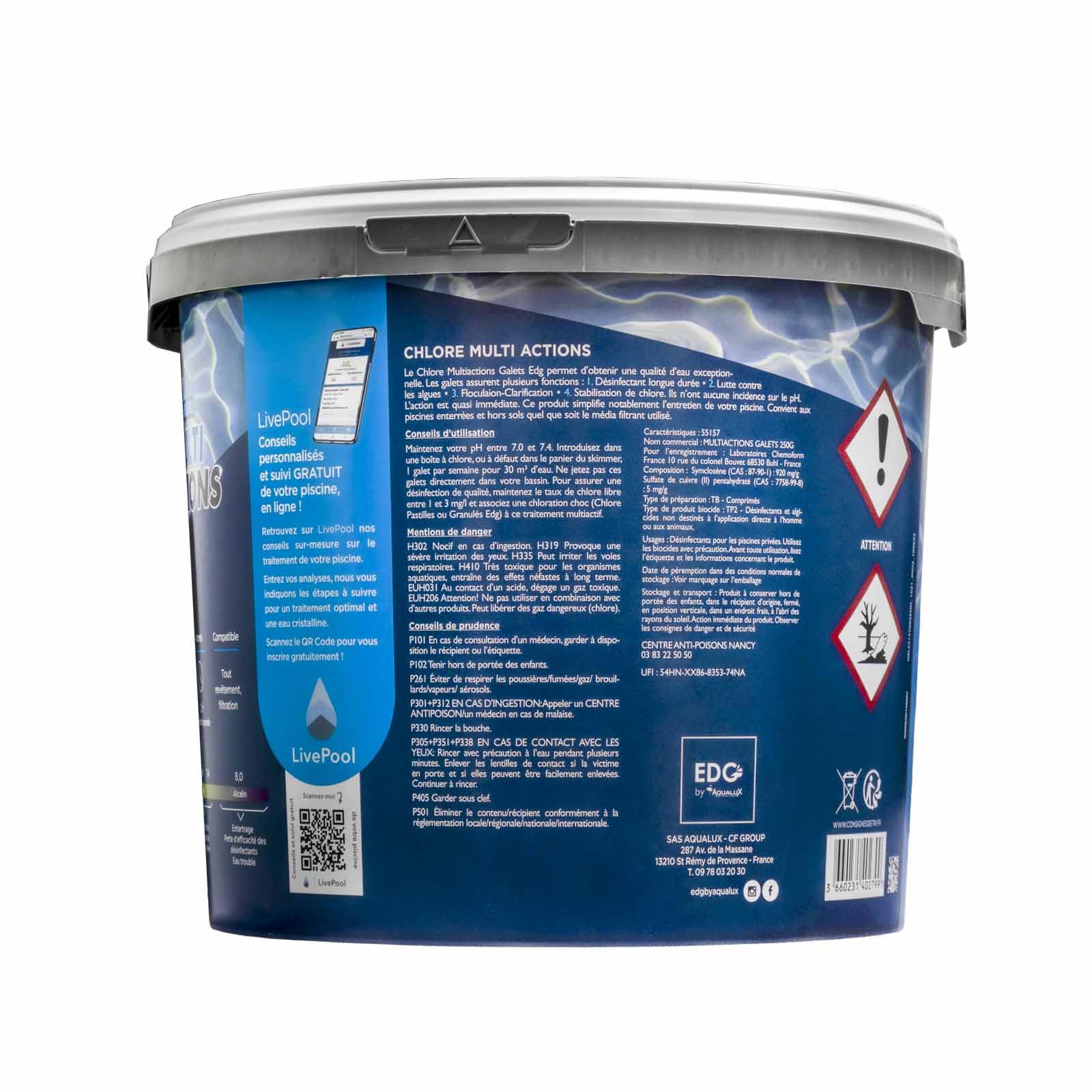 EDG by AQUALUX International - Chlore Multi Actions Piscine - Multi Fonctions Action Longue Durée - Galets 250g - Seau 5 kg