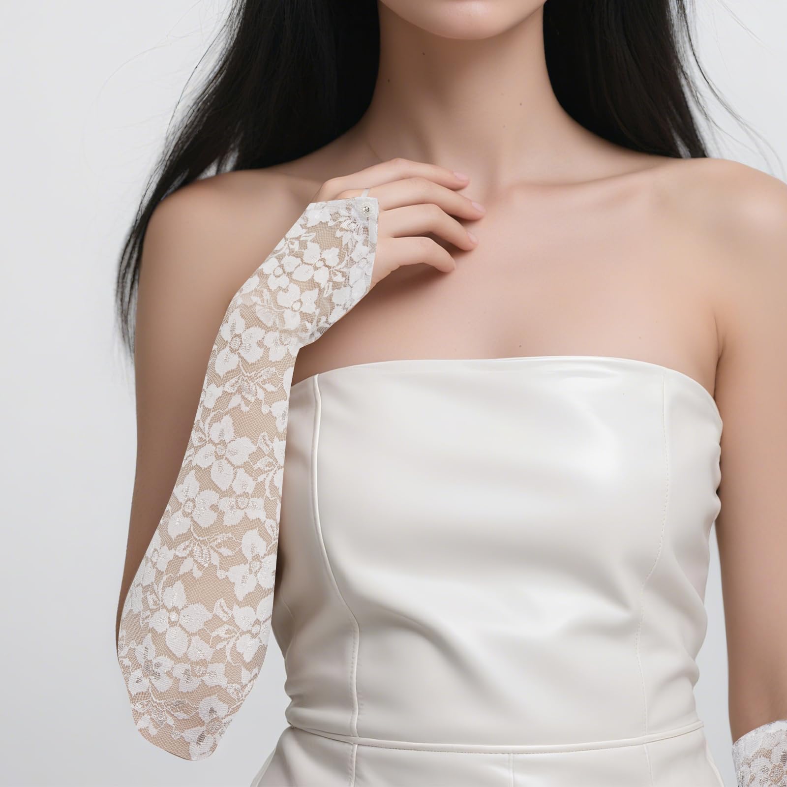 Long Keeper Elegant Floral Lace Gloves for Women Elbow Length Fingerless Long Gloves with Finger Loops for Bridal Opera Evening Wedding Party Prom One Size (White - Image 4