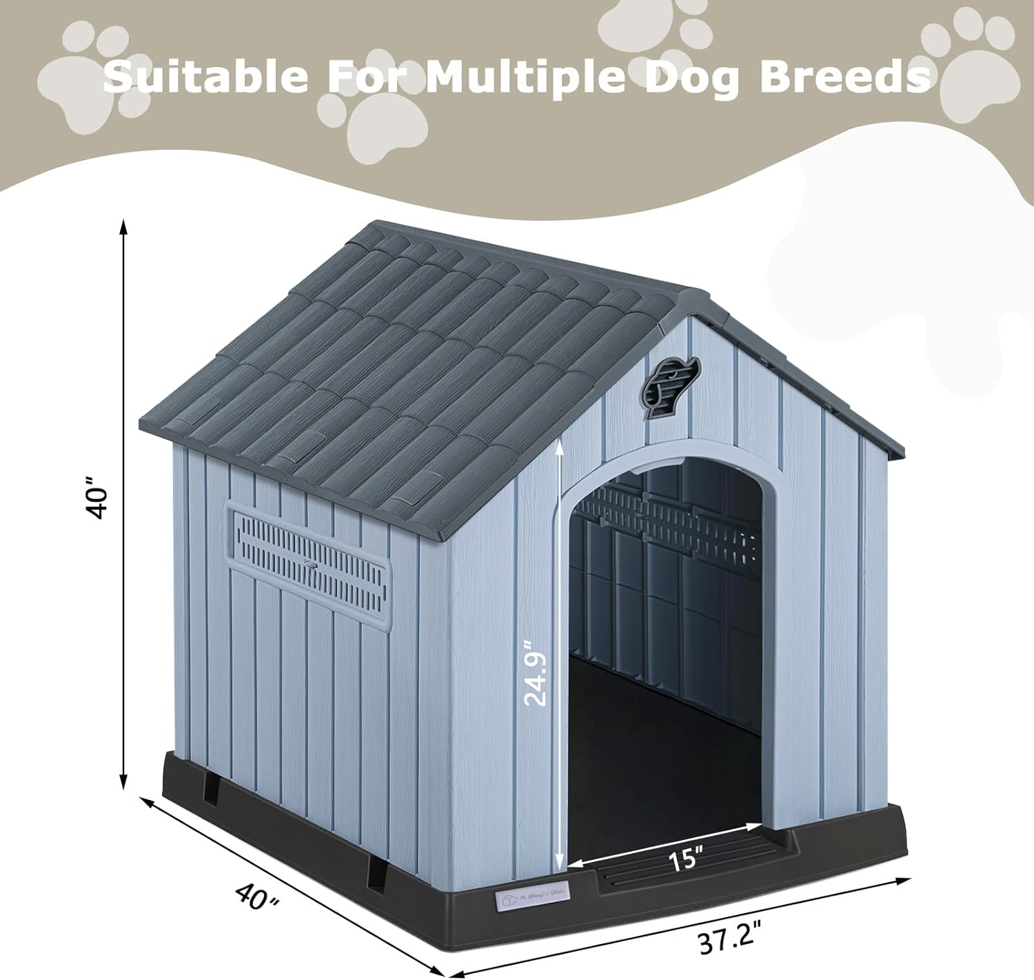 PUKAMI Large Dog House Outdoor Indoor, Plastic Dog House Weatherproof for Large Dogs, Sturdy Puppy Shelter with Air Vents and Elevated Floor, Easy Clean and Assemble (Grey, 37.2" D x 40" W x 40" H)
