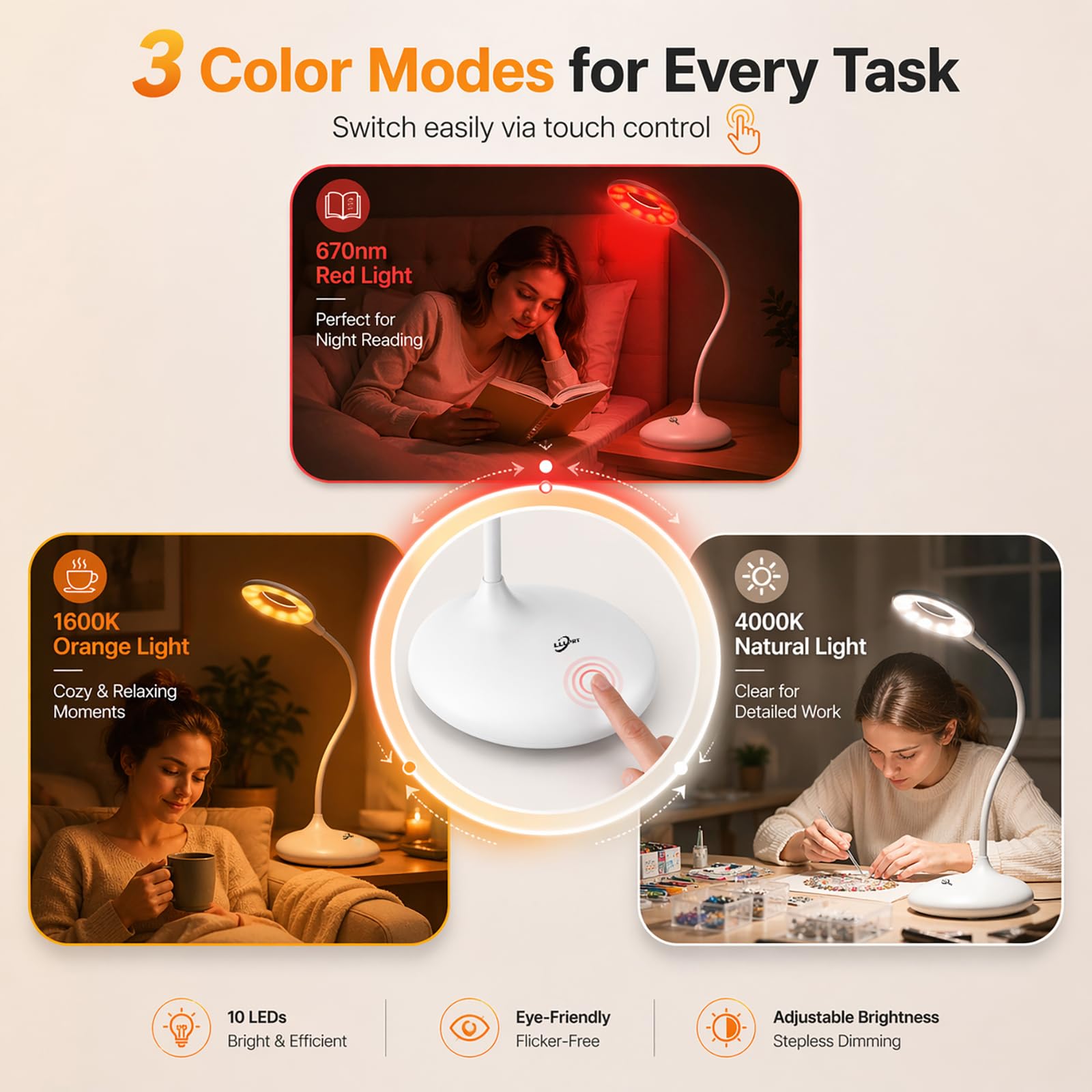 Lámpara de escritorio recargable, 3 modos de color con terapia de luz roja y protección ocular, luz naranja, control táctil de atenuación continua, sin luz azul, lámpara de lectura inalámbrica