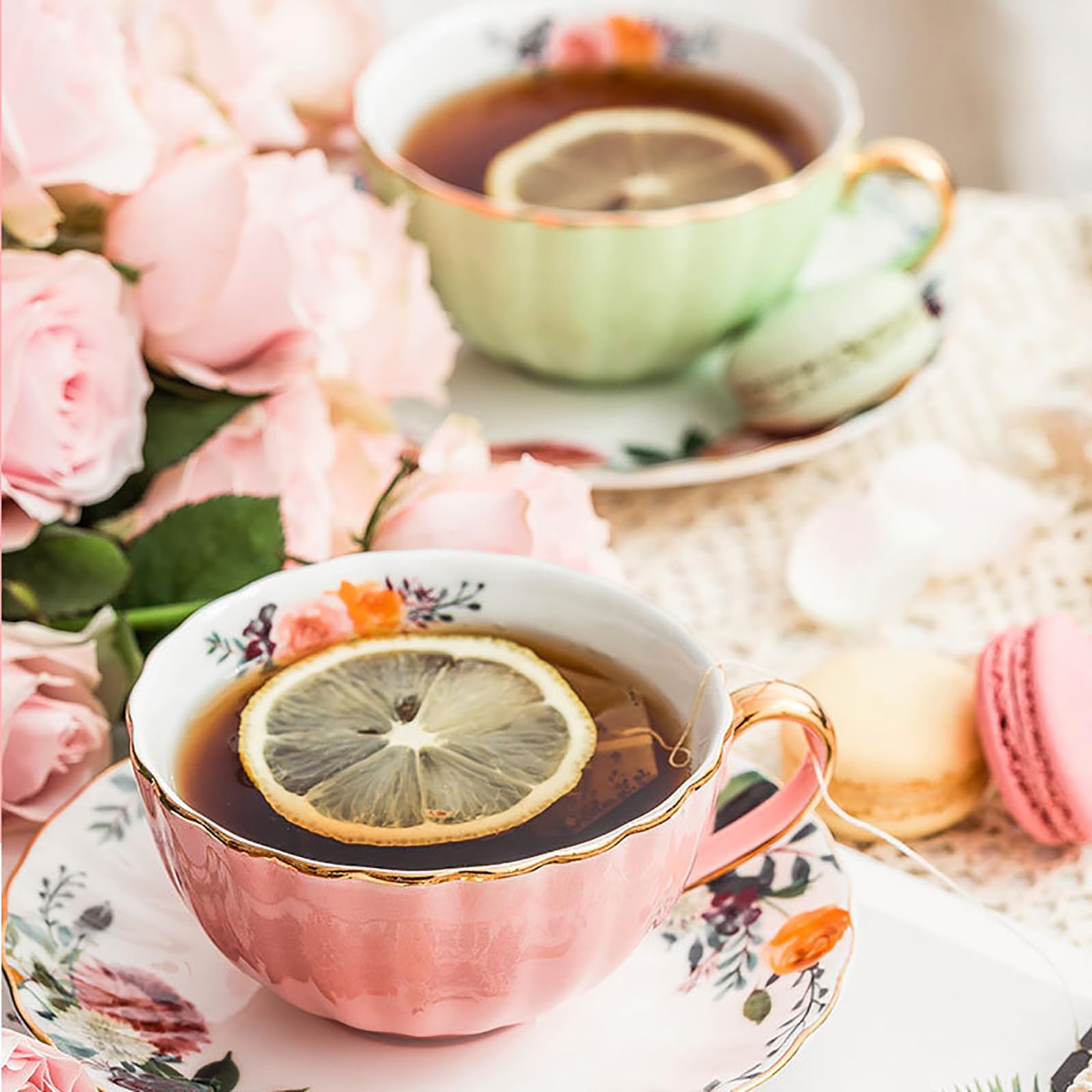 Juego de Tazas y platillos de té de Porcelana China de 2,200 ml,Taza de café con diseño Floral,Taza de café con Leche y Capuchino,Taza de té de Porcelana con platillos y Cuchara, A
