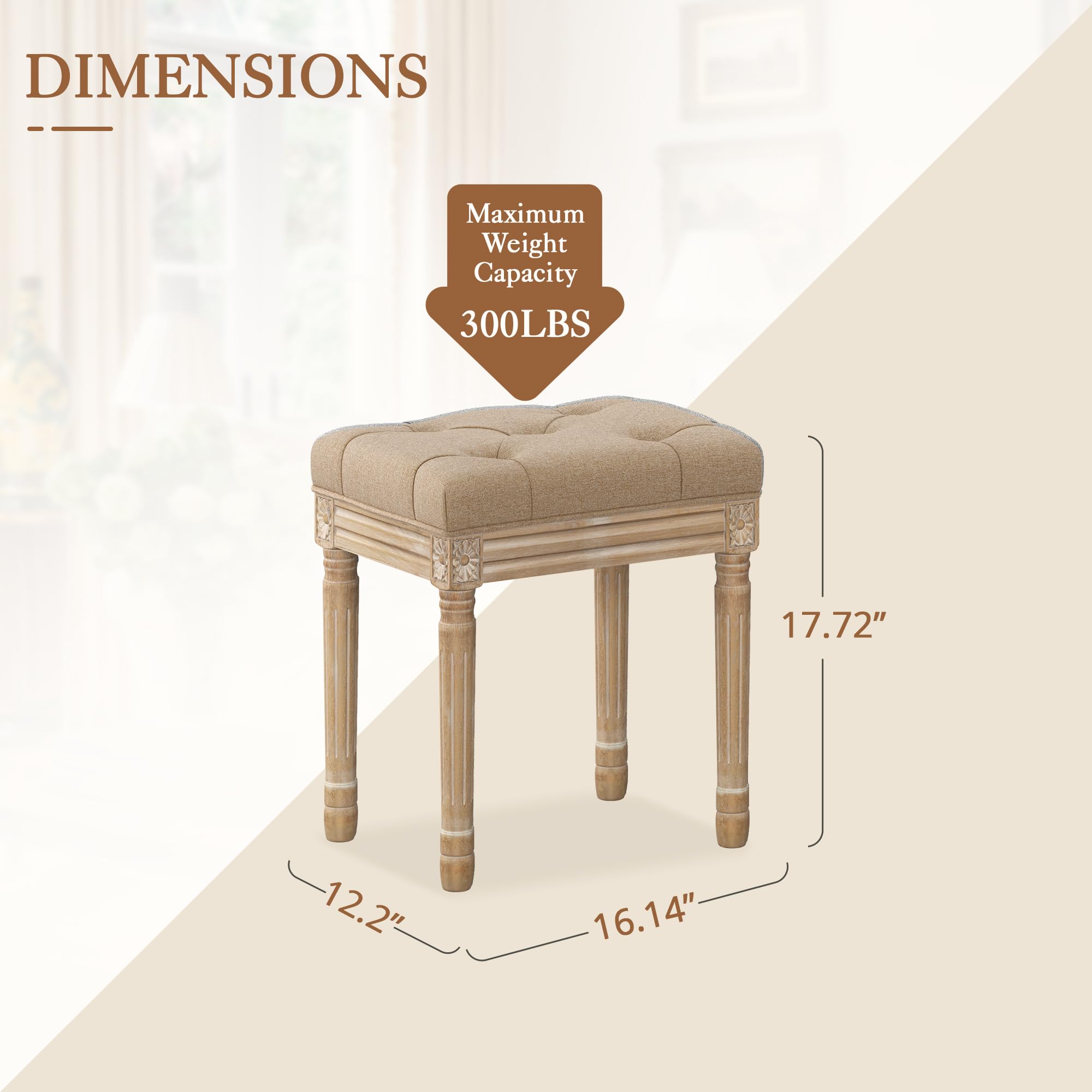 LUE BONA French Style Vanity Bench Seat with Carved Wood Color Legs - Square Tufted Linen Ottoman Vanity Stool for Bedroom, Entryway, 300lbs Capacity, Beige: Wheat and Wood