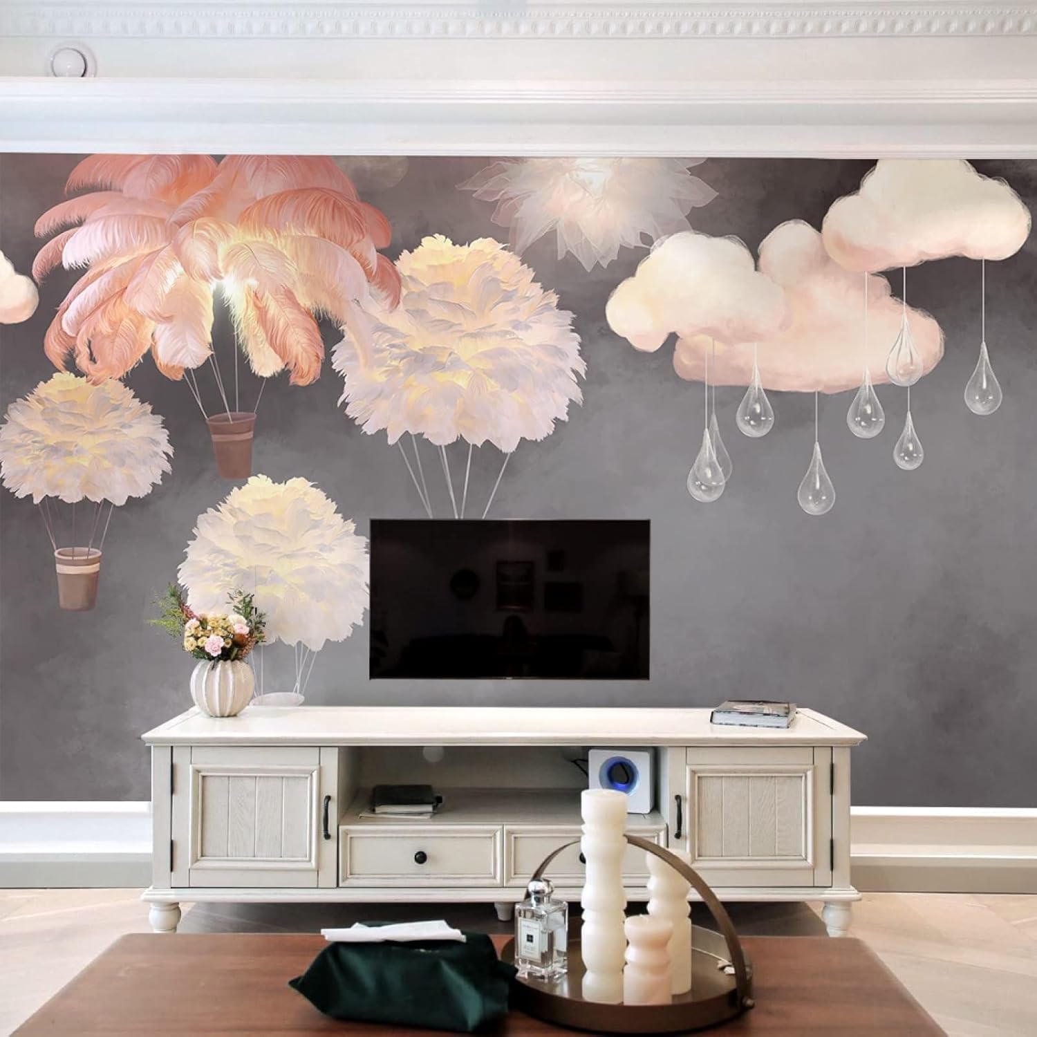 Funny Flower Pot Parachute 3D Photo Wallpaper Mural, Girl Cartoon Pink Cloud Mural Wallpaper, Wall Decor for Kids Room Living Bedroom Sofa TV Background Mural - 196.85"x 124.8"(W x H)