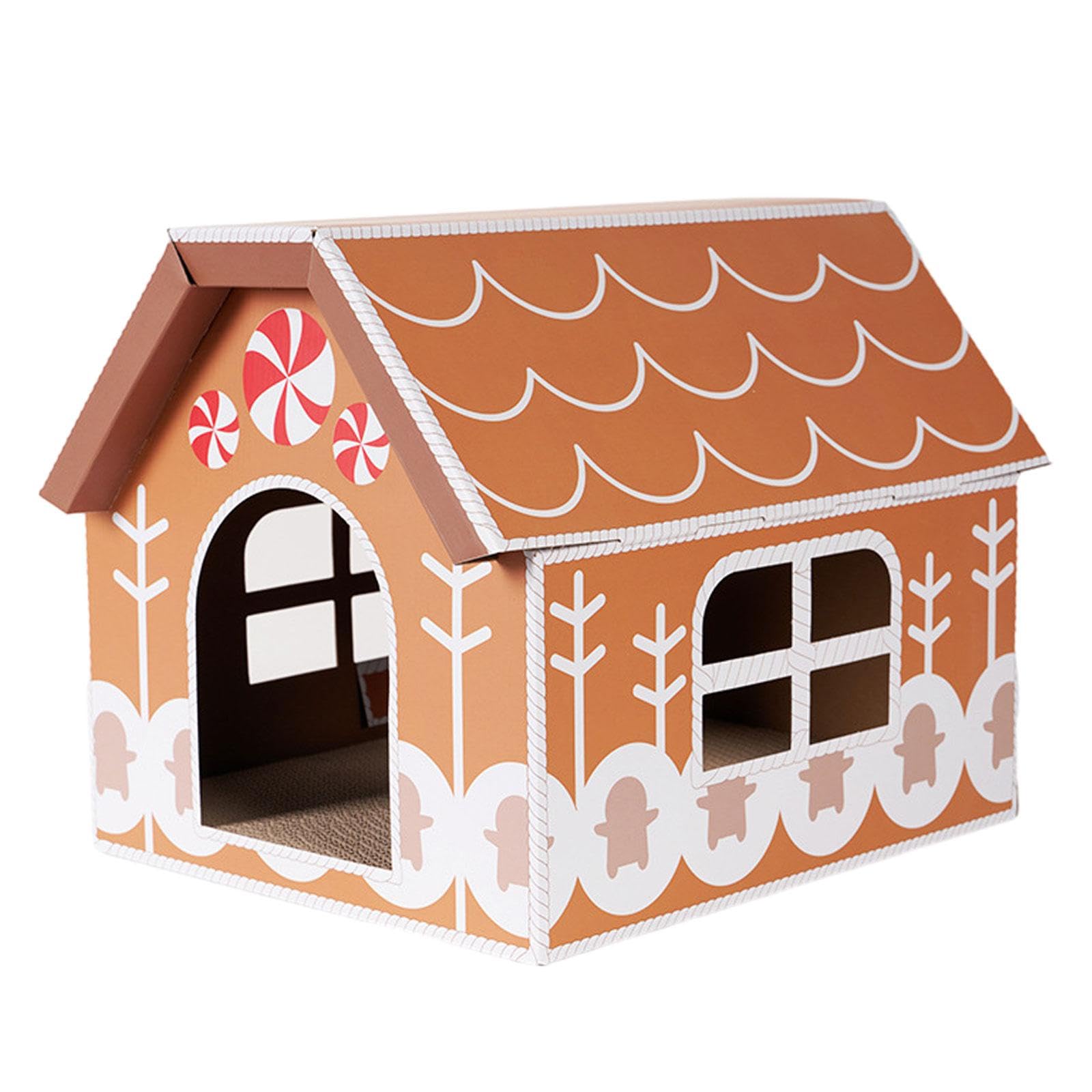 LOVIVER Cat Scratcher Hideout Cat Cardboard House, Christmas Decoration DIY Corrugated Scratcher Box for Small Animals, Gingerbread