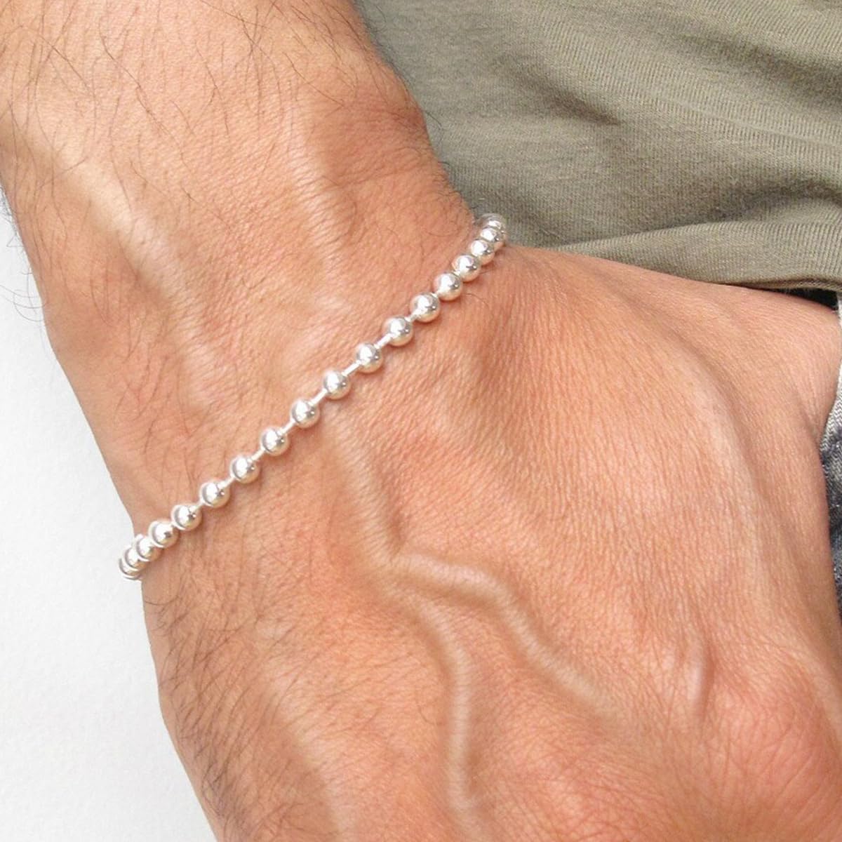 Dacc & Aya Solid Silver Bead Ball Strand Chain Bracelet for Men, 4MM, 6MM, 8MM, Military Ball Bead Chain Bracelet for Women with Lobster Clasp, Oxidized or Shiny, Unisex Silver Chain, 7-9 Inch
