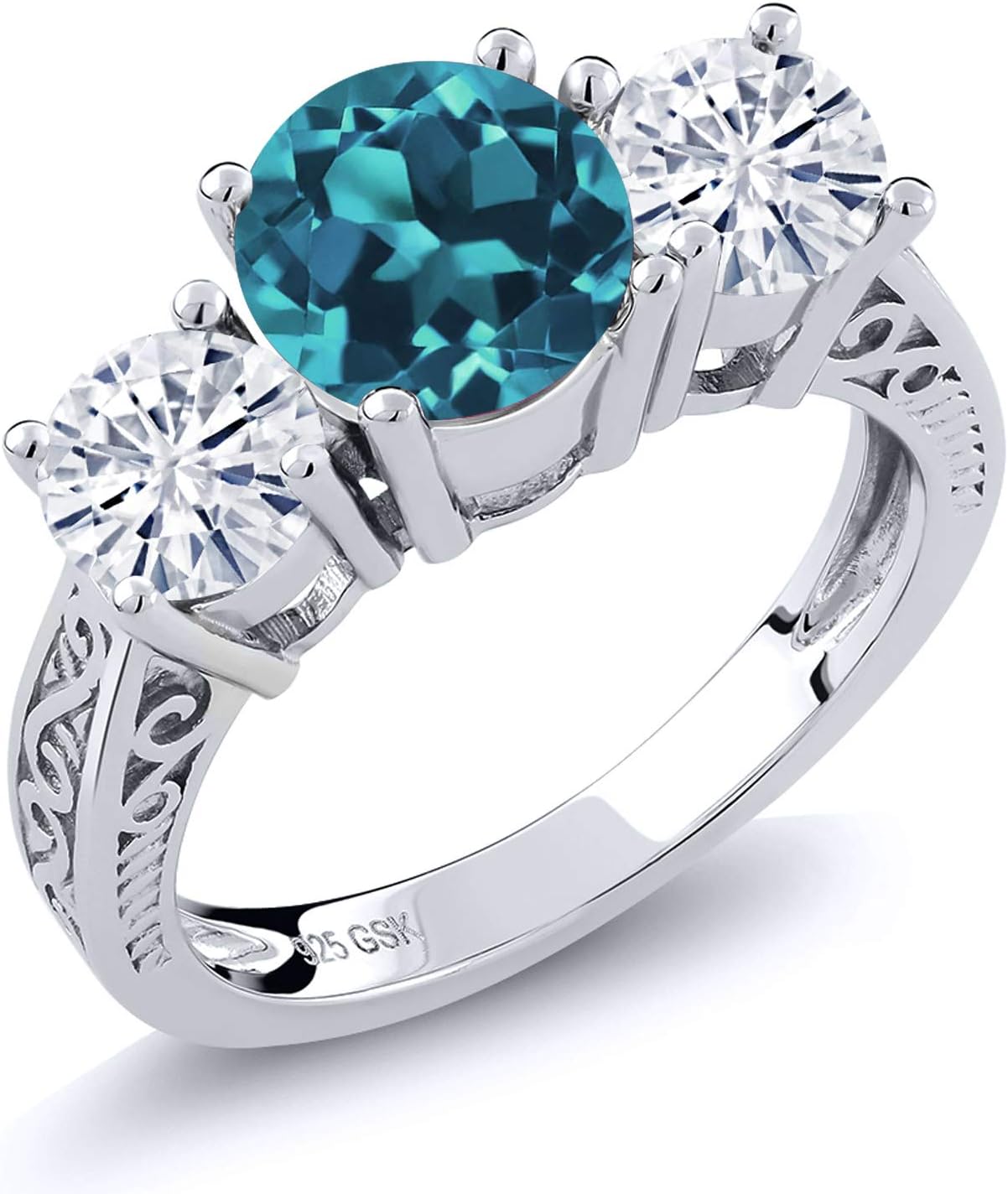 Gem Stone King 3-Stone Ring for Women | Gemstone Birthstone and White Moissanite | 925 Sterling Silver | Round 7MM and 5MM | Wedding Engagement Anniversary Promise Ring with Filigree Band | Size 5-9