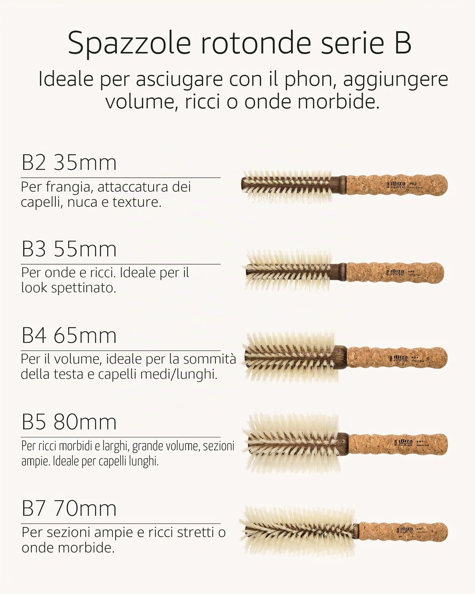 Ibiza Hair - Spazzola rotonda - Legno di sughero eco - B4 Naturale - Professionale - Fatto a mano - Grande