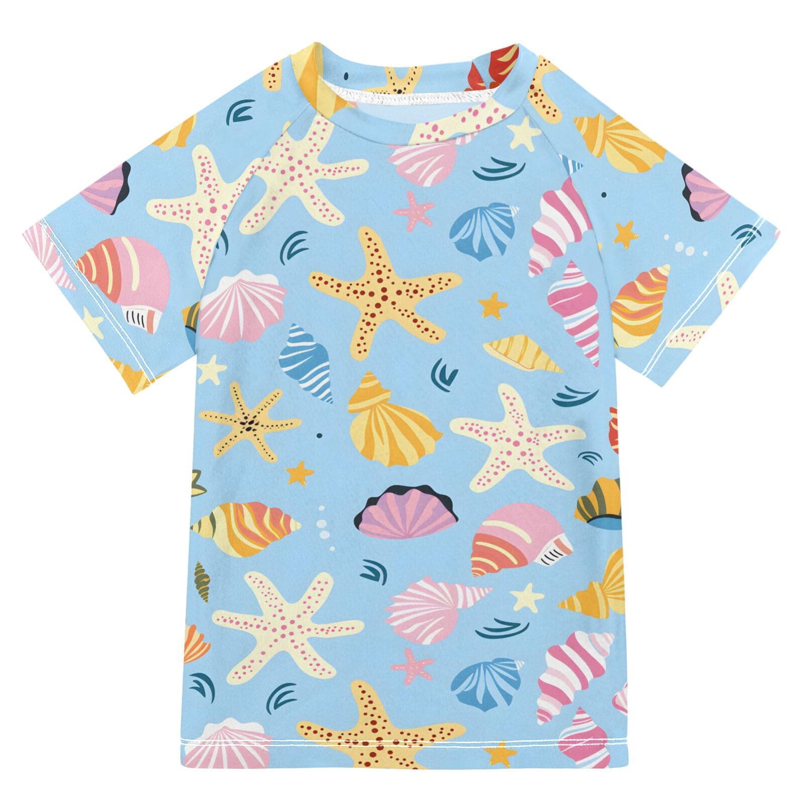 ALAZA Kids Rash Guard Boys Toddler Swim Shirts Short Sleeve Hand Drawn Sea Shells UPF 50+ 3T