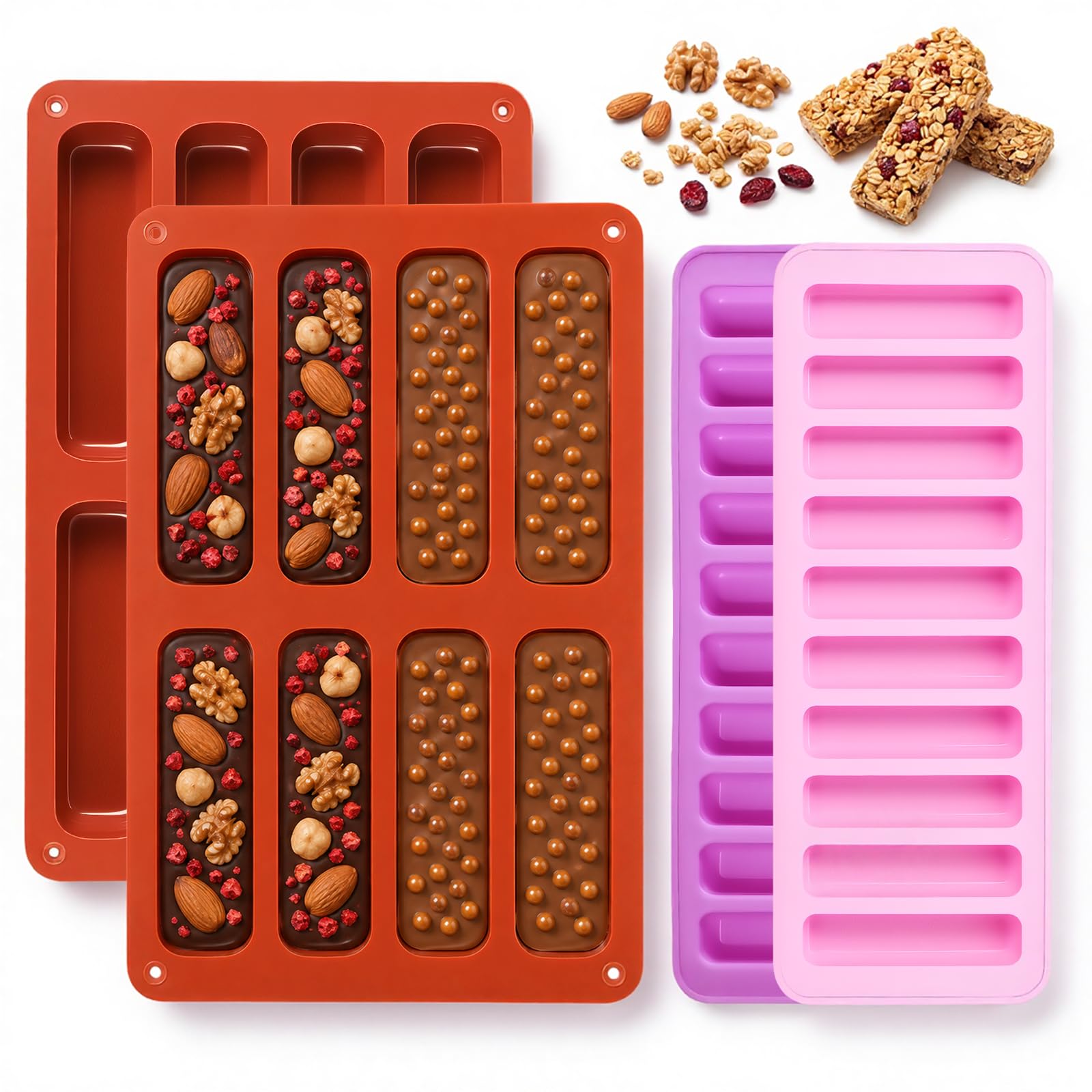 4 Pack Silicone Cake Mould, 8 and 10 Cavity Chocolate Bar Mould, Silicone Baking Moulds, Silicone Mould for Chocolate, Finger Biscuit, Energy Bars, Cereal Bars