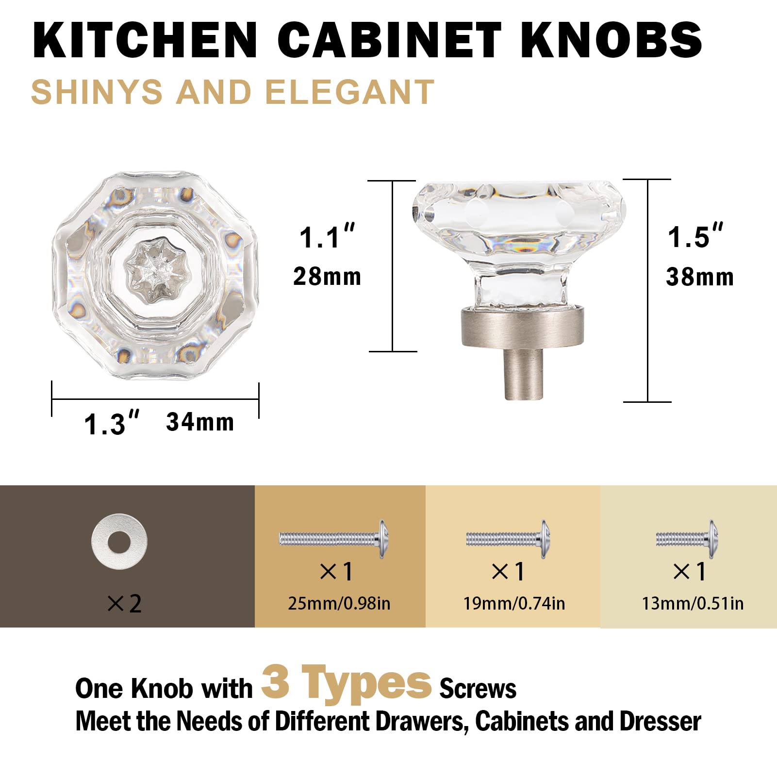 HIEMEY 8 PCS Glass Crystal Dresser Cabinet Knobs Brushed Nickel, Octagon Knobs and Pulls for Dresser Drawers, Bathroom Kitchen Cabinet Drawer Knobs Set, LS-014