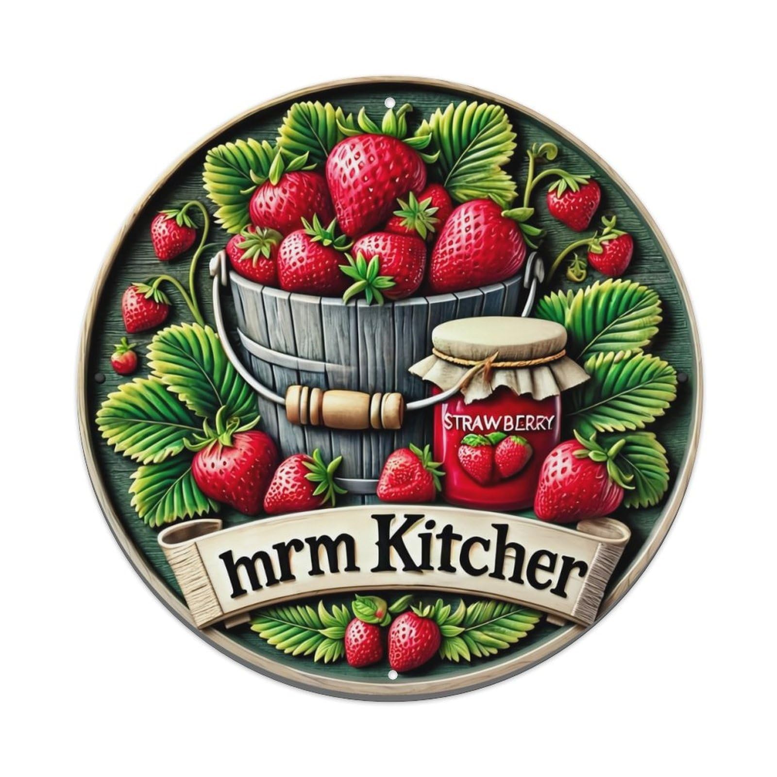 Strawberry Bucket Jar Leaves Banner Retro Metal Sign Round Tin Sign, Vintage Decor Art Poster for Bar, Home, Man Cave, Kitchen, Laundry Room Gift 8x8Inch