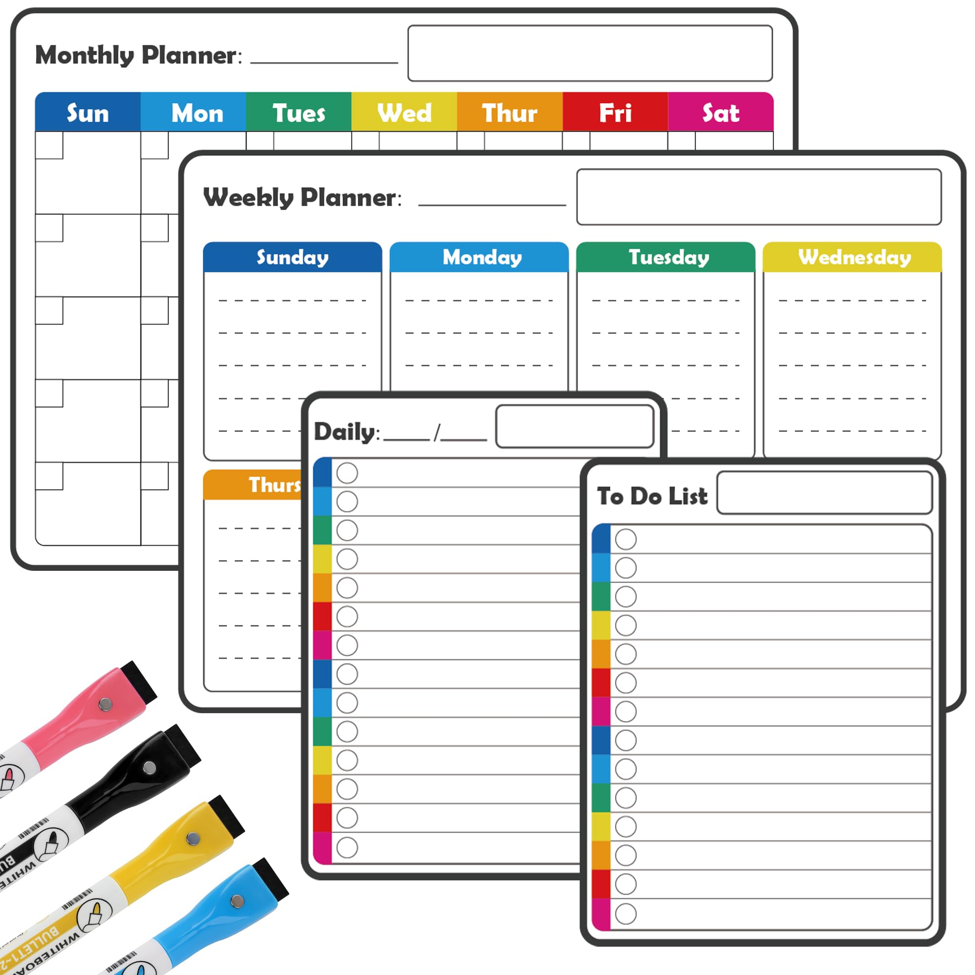 4+4Pcs Non-Magnetic Dry Erase Calendar Set with 4 Colored Marker Pens, Pletpet White Board Calendar Dry Erase for Non Magnetic Fridge, Smooth Wall and