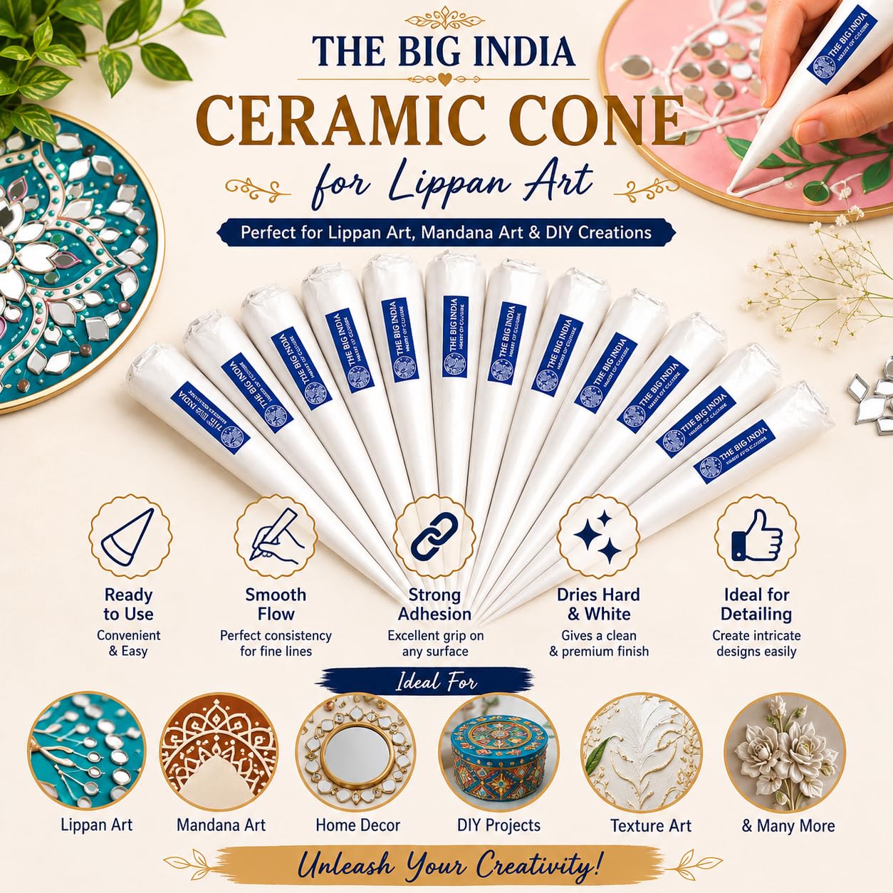 White Ceramic Cones for Arts & Crafts, Lippan Art, Mandana Art, Texture Art, Pottery, Liner, DIY Decorative Purposes (Pure for Sure) (4 WHITE CONE)