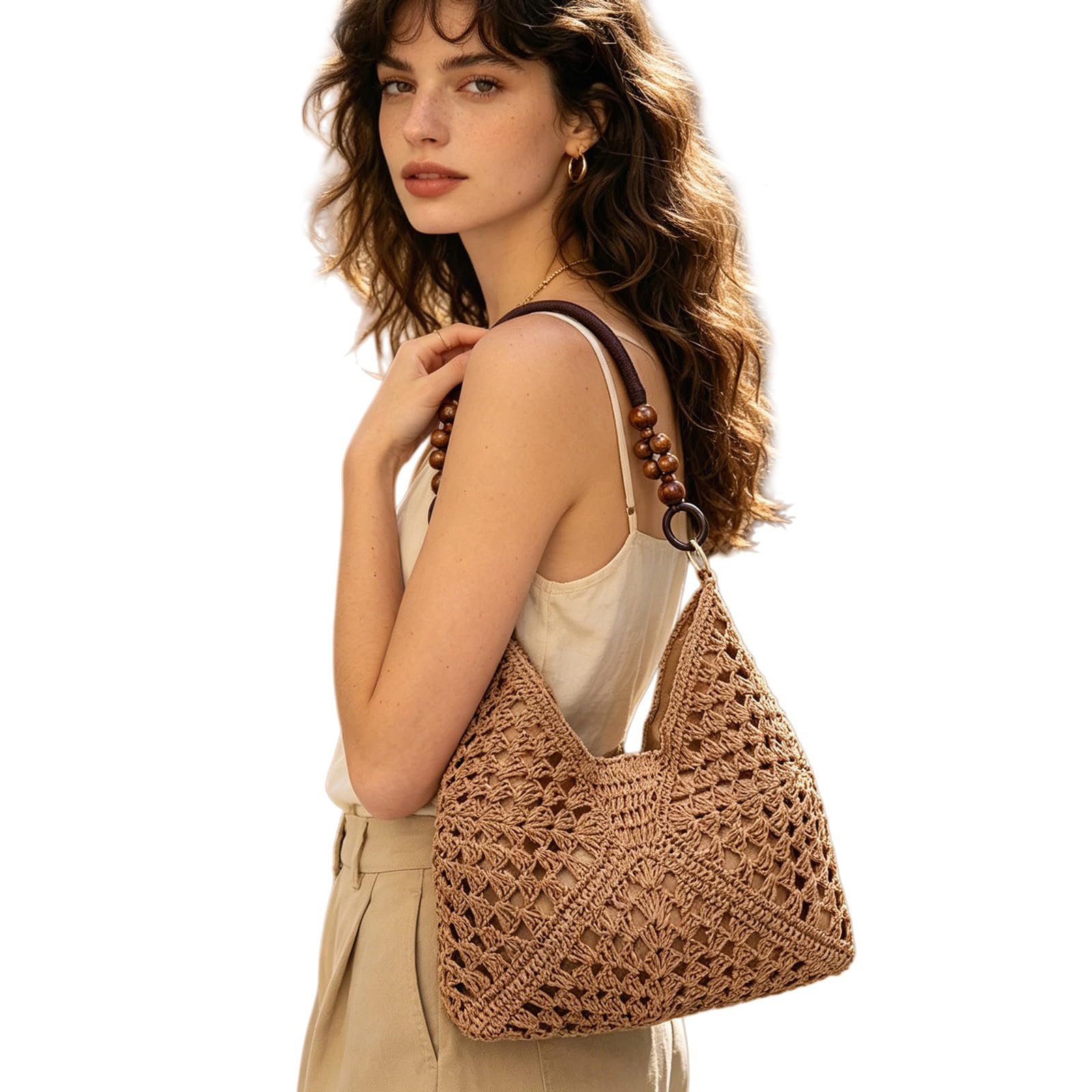 Sacs en Paille à Perles, Sac Bucket en Crochet pour Femmes, Sac à Épaule Tissé pour Été, Accessoire de Plage et Vacances