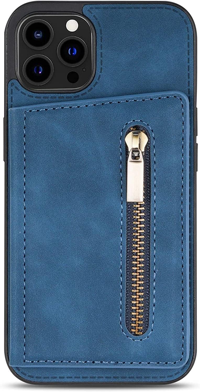 Case for iPhone 14/14 Plus/14 Pro/14 Pro Max with Card Holder, Flip Premium Leather Zipper Pocket Wallet Slim Back Case Magnetic Clasp Shockproof Stand Cover (Color : Blue, Size : 14Plus)