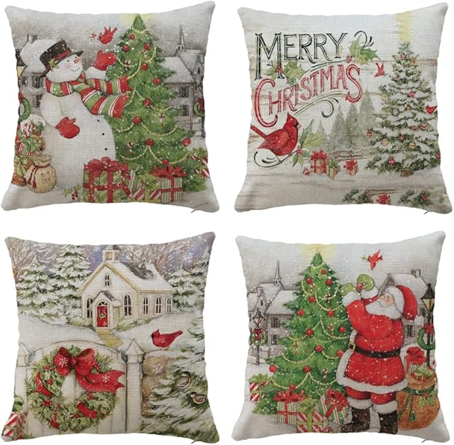 Hangood Christmas Cushion Covers Set of 4 pcs XMAS Design Home Decoration XMAS Throw Pillow Case Cover 18x18 inches 45cm x 45cm Vintage Snowman Santa Tree