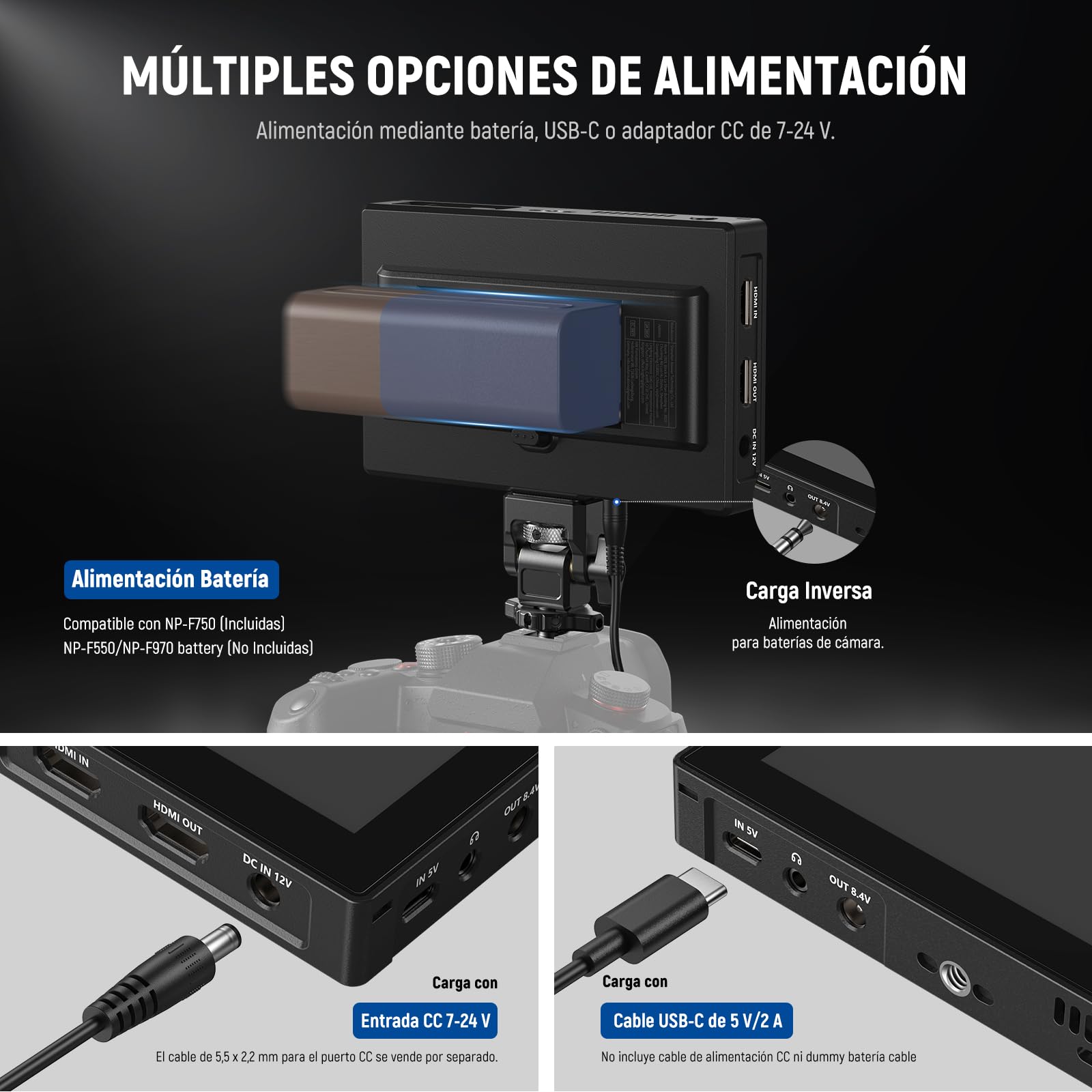 NEEWER Monitor de Campo para cámara de 5,5", 2000 nits HD 1920x1080 IPS con Pantalla táctil, 4K HDMI Loop in/out con 3D LUT, Enfoque máximo, Asistencia de vídeo DSLR, Onda de Forma HDR, batería de