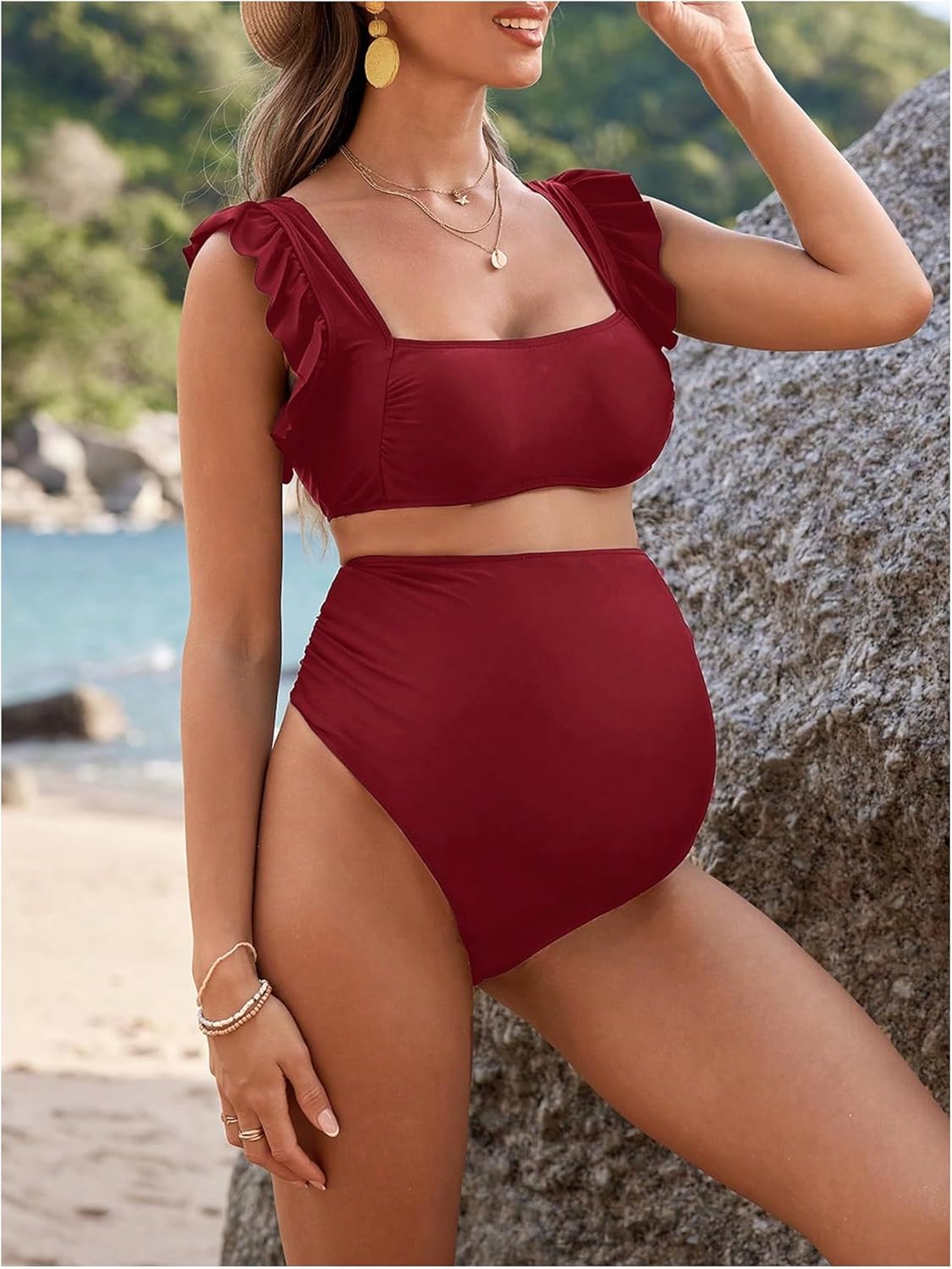 OYOANGLE Women's 2 Piece Maternity Bikini Sets Square Neck High Waist Swimsuit Summer Casual Bathing Suit