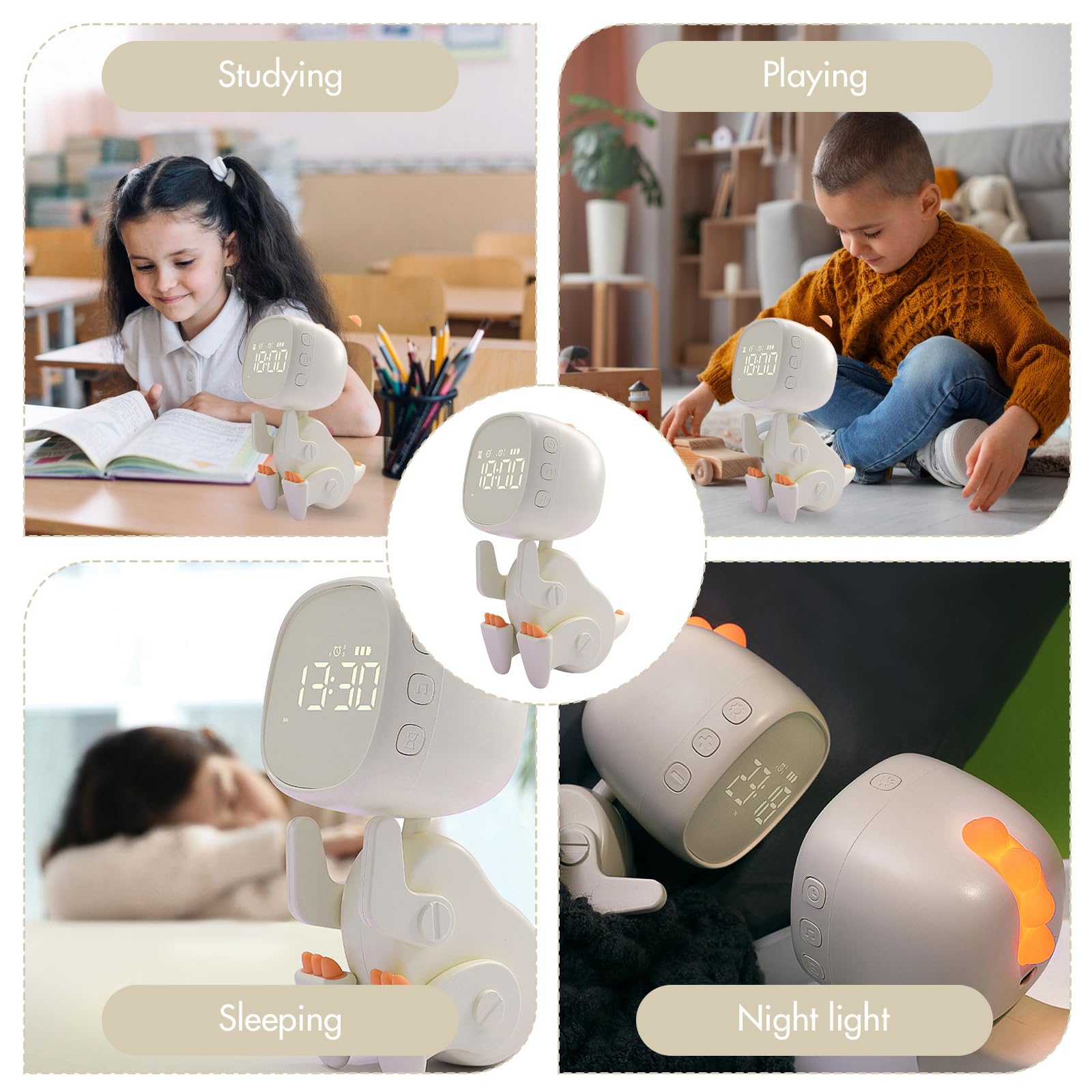Despertador para niños, entrenador de sueño infantil con luz nocturna, sonido, hora de despertador para niñas y niños con 3 juegos de alarmas, repetición, sonido y brillo ajustables mediante carga USB