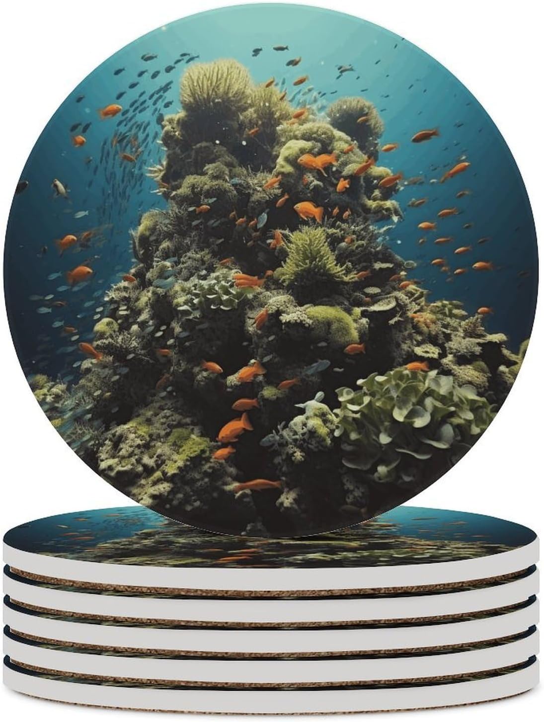 6PCS Biodiversity Coasters Non-Slip Round Drink Coasters with Ceramic Stone And Cork Base, Heat Resistant Absorbent 33.00Stone Coaster Set for Kinds of Mugs And Cups, 4 Inch