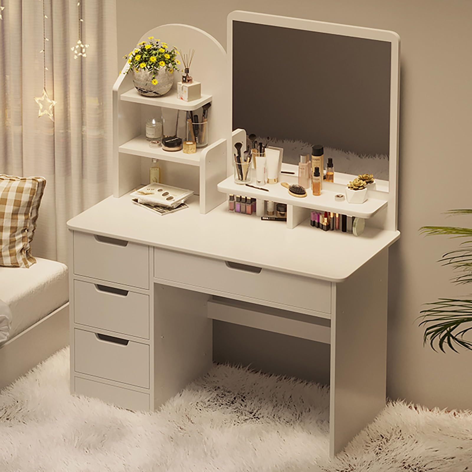 asdchZen Modern Vanity Desk With Lighted Mirror Makeup Nizer Drawers And Shelves Bedroom Dressing Table For Makeup Vanity,White